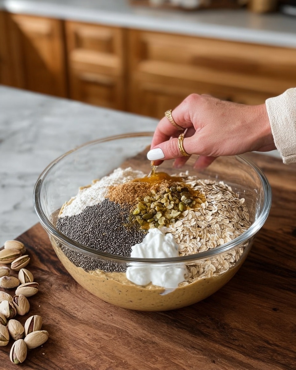 A clear glass bowl filled with several layers of ingredients sits on a wooden surface with some pistachios next to it. The bottom layer is a thick light brown batter. On top of the batter are four separate sections: a large mound of light beige rolled oats on the right, a dense line of black chia seeds next to the oats, two dollops of white yogurt next to the chia seeds, and a small mound of golden honey poured on top. There is also a sprinkle of brown spice over the yogurt. A woman's hand with long white nails and a gold ring is gently touching the edge of the bowl. The background has wooden cabinets and a white marbled countertop. Photo taken with an iphone --ar 4:5 --v 7