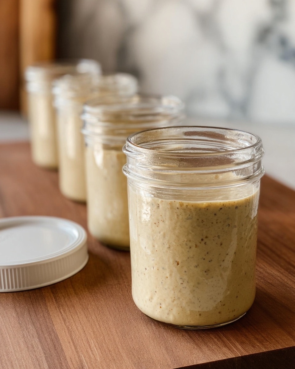 The image shows four clear glass jars filled with a creamy, beige sauce that has visible small dark specks, giving it a textured look. The jars are lined up diagonally from the front left toward the back right on a wooden surface, with the closest jar fully visible and the others gradually fading out of focus. The nearest jar's white lid is off and placed to the left side on the wooden surface. The background has a soft, out-of-focus white marbled texture. The natural light creates soft highlights and shadows on the jars and sauce. Photo taken with an iphone --ar 4:5 --v 7