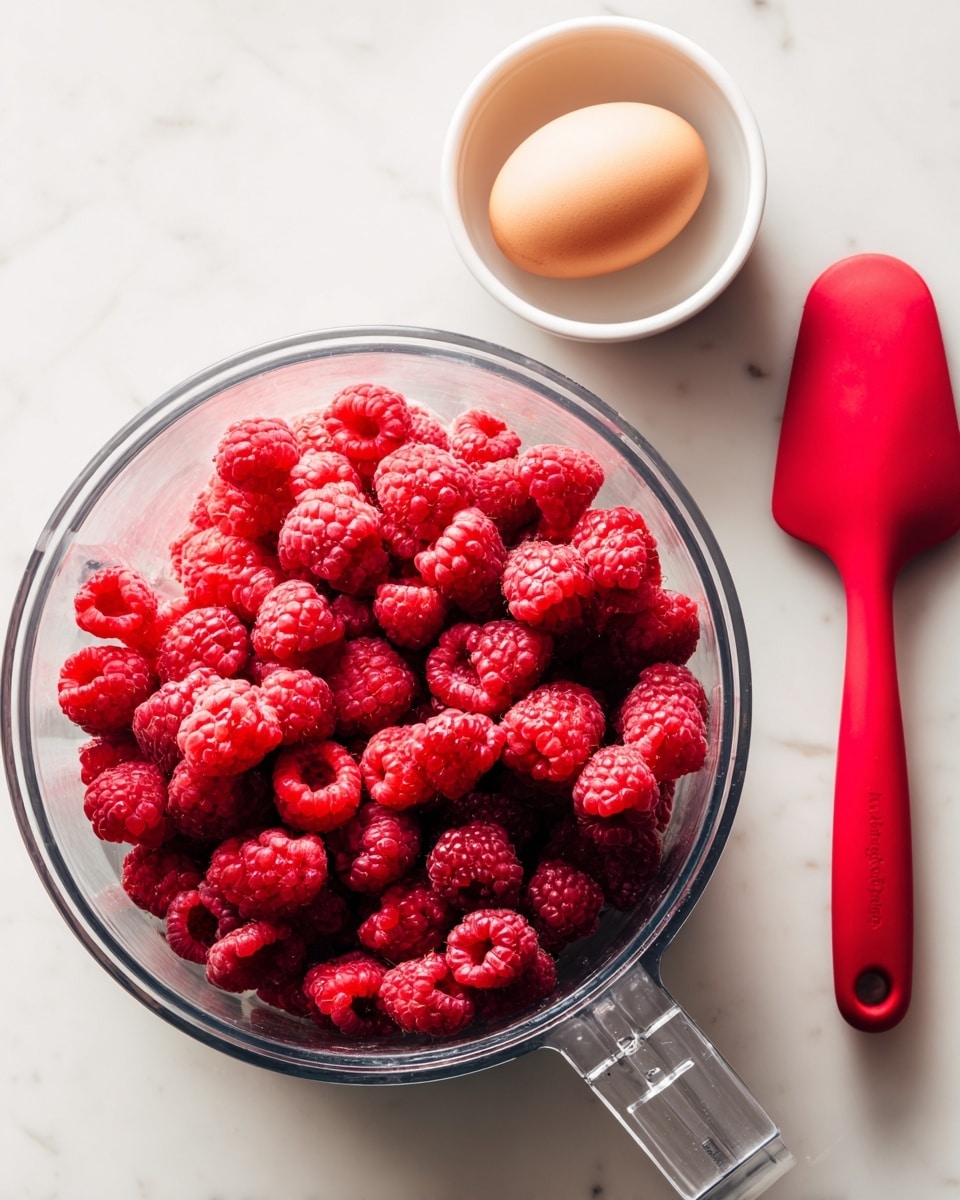 A clear food processor bowl filled with bright red raspberries, showing their soft and slightly bumpy texture, sits on a white marbled surface. To the side, there is a small white bowl holding a single light brown egg, and nearby, a red silicone spatula lays flat, its smooth, shiny surface contrasting the rough raspberries. The scene is simple and clean, with natural light highlighting the vibrant colors and different textures. photo taken with an iphone --ar 4:5 --v 7