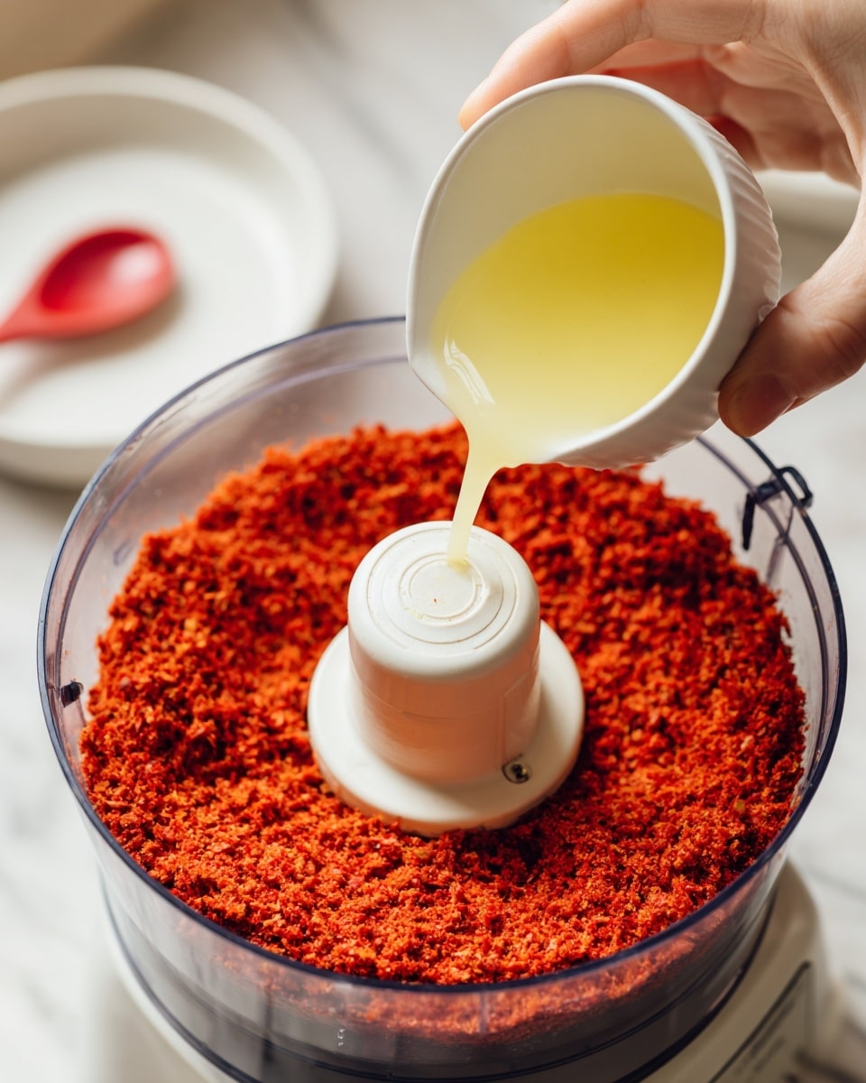 A clear food processor bowl shows a thick layer of finely chopped bright red food centered around the white blade attachment. A woman's hand holds a small white cup with a pale yellow liquid, pouring it into the processor from the left side. The background is a white marbled texture with a white dish and a red spoon blurred behind the processor. The image focuses closely on the top view of the food processor and the hand. Photo taken with an iphone --ar 4:5 --v 7