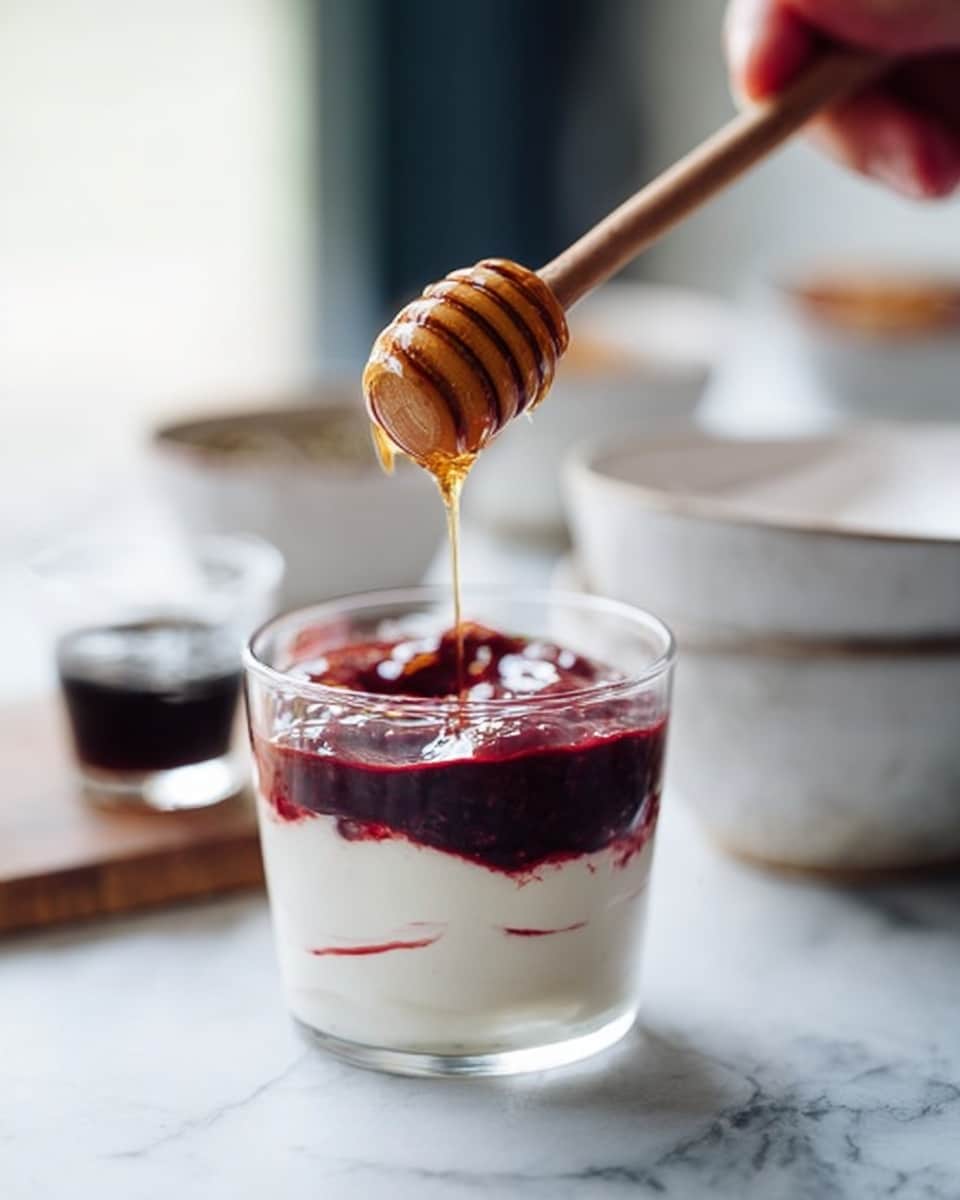 A clear glass cup shows three layers: at the bottom, a thick white creamy layer, in the middle, a rich dark red berry sauce mixed unevenly with the cream, and the top layer is smooth white cream. A wooden honey dipper held by a woman's hand pours amber-colored honey slowly onto the cream, creating thin streams and small pools on top. The cup sits on a white marbled surface with a small glass of dark liquid and white bowls slightly blurred in the background. The light is soft and natural, coming from behind. photo taken with an iphone --ar 4:5 --v 7