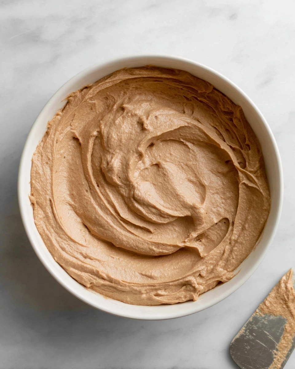 The image shows a single layer of smooth, light brown whipped mixture in a white bowl. The texture looks creamy and soft with some swirls and gentle peaks spread evenly across the top. The bowl sits on a white marbled surface with part of a spatula visible in the bottom right corner, which has some of the same brown mixture on it. photo taken with an iphone --ar 4:5 --v 7
