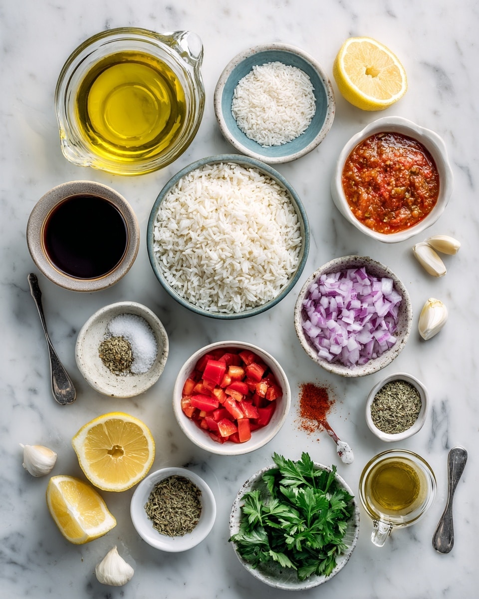 Top-down professional food photography flat lay style, bright white marble countertop, neatly arranged, evenly spaced, tidy, clean organized layout, include: small glass cup of vegetable oil, bowl of basmati rice, small bowl of diced red onion, small bowl of diced red bell pepper, small bowl of crushed garlic, glass measuring cup of prepared chicken stock, small bowl of tomato paste, small bowl of mild paprika powder, small bowl of dried oregano, small bowl of salt, small bowl of cayenne pepper powder, small plate with lemon wedges, small bowl of fresh parsley and small bowl of fresh cilantro, bright soft natural lighting, sharp focus, high detail textures, realistic reflections, professional DSLR look, 4K, no finished dish, no cooked food, no hands, no text, no watermark, no brand logos --ar 4:5 --v 7