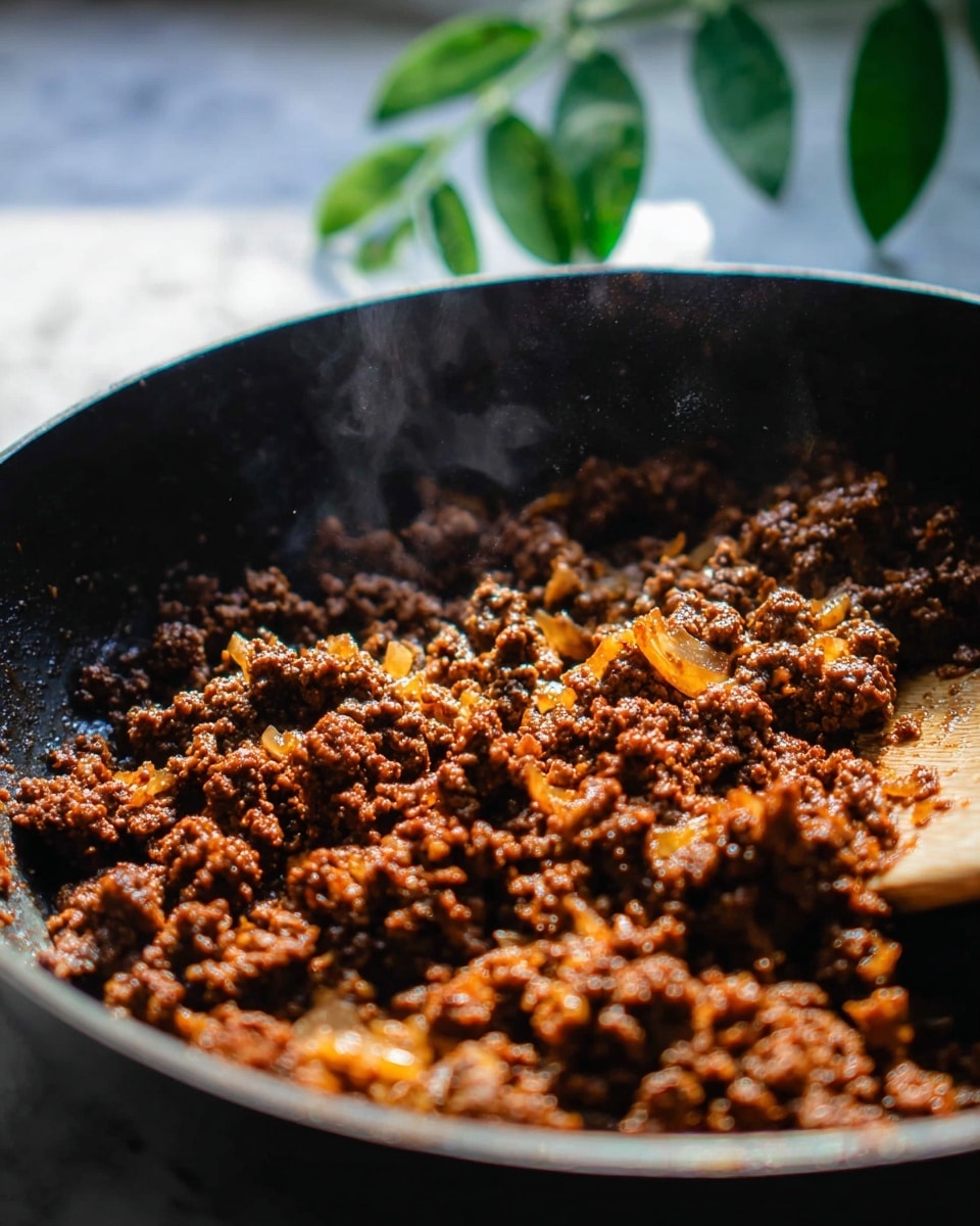 A close-up of a dark pan filled with rich brown cooked ground meat mixed with small pieces of cooked onion, creating a crumbly texture with varying golden and deep brown colors. Light steam rises gently from the warm dish, with a wooden spoon partially visible on the right side, blending slightly with the browned mixture. The background shows green leaves that add a soft, blurred contrast to the warm tones of the meat, all set on a white marbled surface. Photo taken with an iphone --ar 4:5 --v 7