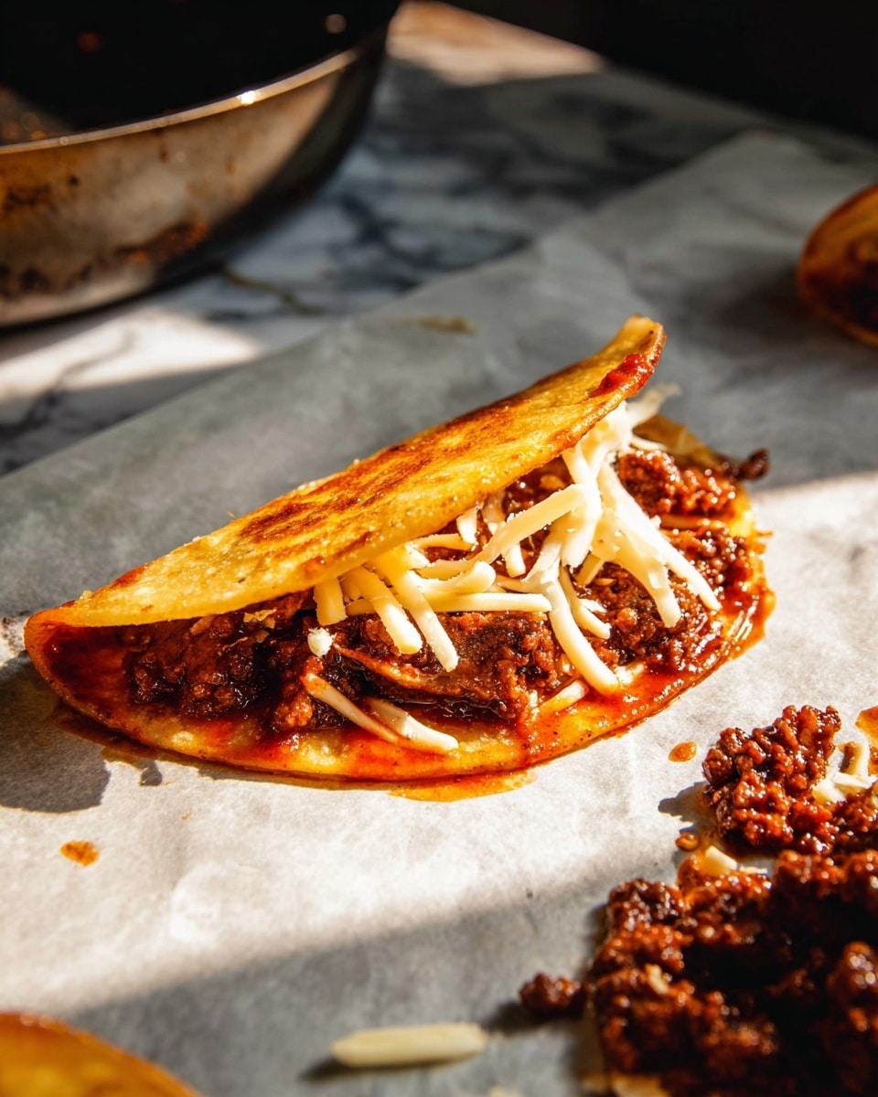 A golden brown folded taco shell is filled with thin white cheese strips and a shiny reddish-brown sauce that lightly coats the outside and inside of the shell, resting on white parchment paper. To the right of the taco, there are piles of cooked dark brown ground meat mixed with some white cheese strips scattered around. The surface underneath the parchment is a white marbled texture, and there is a blurred object, possibly a pan, in the background. The sunlight highlights the glossy texture of the sauce and meat, creating a warm and inviting look. Photo taken with an iphone --ar 4:5 --v 7