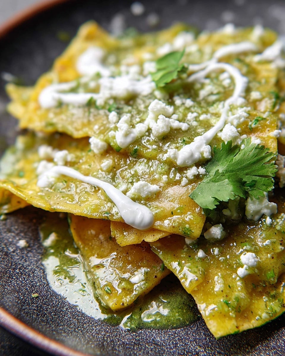 A close-up shot of layers of triangular yellow corn tortillas covered in a shiny green sauce with visible small bits of herbs and seeds, topped with scattered white crumbly cheese and thin swirls of white cream. A small bunch of fresh green cilantro leaves is placed on the right side, all set on a dark plate with a white marbled surface in the background. The tortillas appear soft with the sauce soaking into them, with some slight texture showing on the edges. Photo taken with an iphone --ar 4:5 --v 7