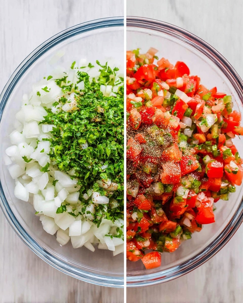 A clear glass bowl with chopped white onion pieces on the left side, finely chopped green chili and herbs in the middle, and diced bright red tomatoes on the right side, all sprinkled with black pepper on top; the second image shows the same ingredients mixed together, creating a colorful mix of small red, white, and green pieces all evenly combined. The bowl sits on a white marbled surface photo taken with an iphone --ar 4:5 --v 7