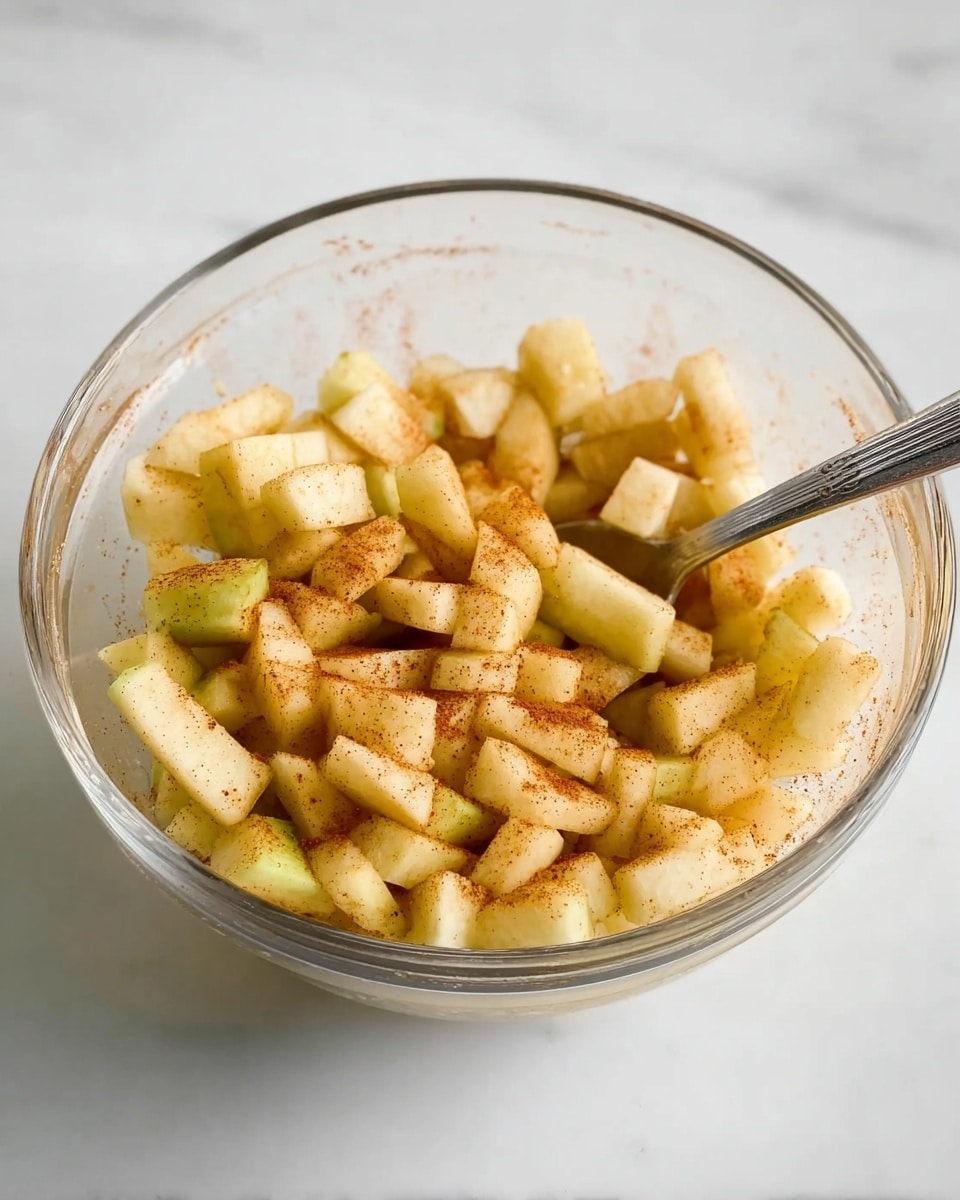 A clear glass bowl filled with small, evenly cut pieces of light yellow apples coated in a thin layer of cinnamon, giving them a warm brown dusted look. A silver spoon rests inside the bowl against the apple mixture, with its handle extending out. The bowl sits on a white marbled surface, creating a clean and bright background that highlights the soft textures and colors of the apples. photo taken with an iphone --ar 4:5 --v 7