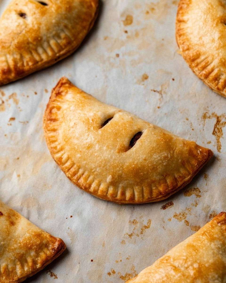 The image shows four golden-brown hand pies on a baking sheet with a slightly worn, white marbled texture. Each pie is shaped like a half-moon with crimped edges and three small slits cut into the top crust for ventilation. The crust looks flaky and lightly browned with a smooth surface, while the baking sheet has small brown spots and stains from baking. The pies are positioned with one central hand pie in focus and others partially visible around the edges, creating a simple, warm visual. photo taken with an iphone --ar 4:5 --v 7