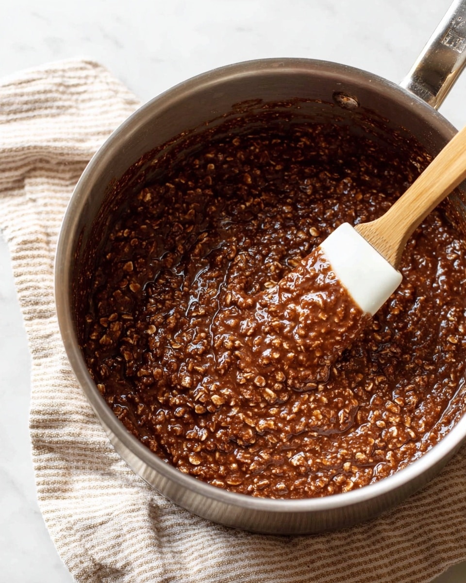 A close-up view of a shiny stainless steel pot filled with thick, dark brown oatmeal mixed with small oat flakes, showing a sticky, wet texture. A wooden spatula with a white silicone tip is dipped into the oatmeal on the right side of the pot, resting slightly in the mixture. The pot sits on a beige and white striped cloth, placed on a white marbled surface, with minimal background distractions. photo taken with an iphone --ar 4:5 --v 7