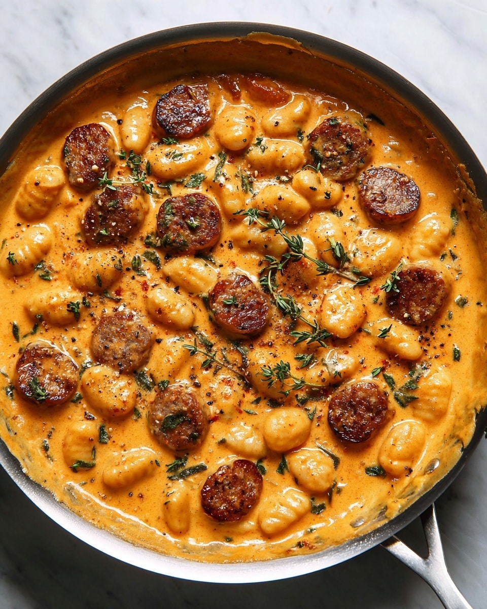 A close-up view of a shiny silver pan filled with two main layers: the bottom layer consists of small, oval-shaped gnocchi in a creamy, bright orange sauce that covers them completely with a smooth and thick texture, and the top layer shows round, brown, seared slices of sausage scattered evenly on the gnocchi, adding a textured, crispy look. Fresh green thyme leaves are sprinkled over the entire dish, and a few cracked black pepper flakes add specks of dark color. The pan rests on a white marbled surface. photo taken with an iphone --ar 4:5 --v 7