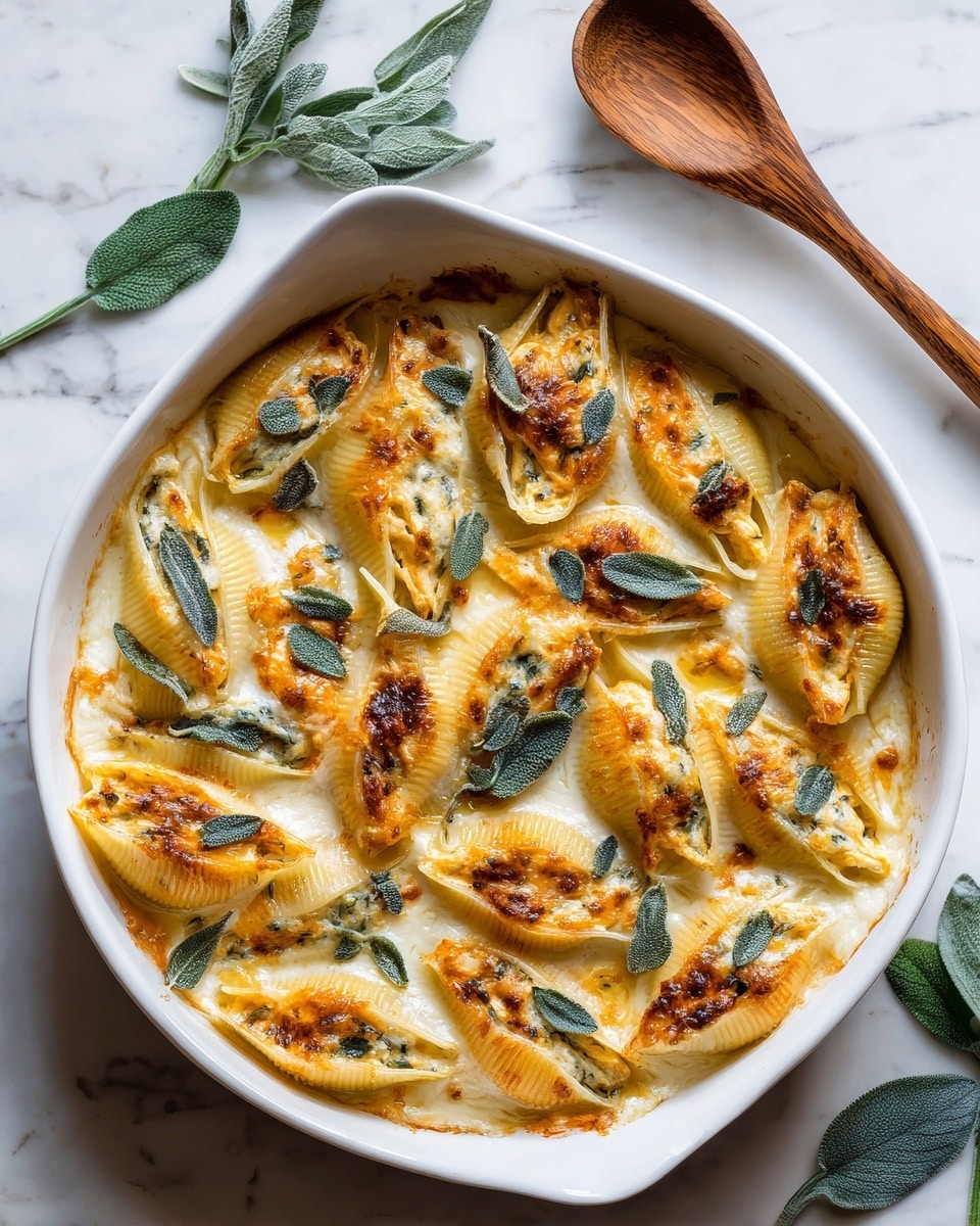 A white round dish holds two layers of large pasta shells filled with a creamy orange filling, set on a creamy white sauce base. The top layer of shells is browned lightly with melted cheese and scattered with whole green sage leaves. The shells are arranged side by side, and the whole dish sits on a white marbled texture, with a wooden spoon and green sage leaves around it. Photo taken with an iphone --ar 4:5 --v 7