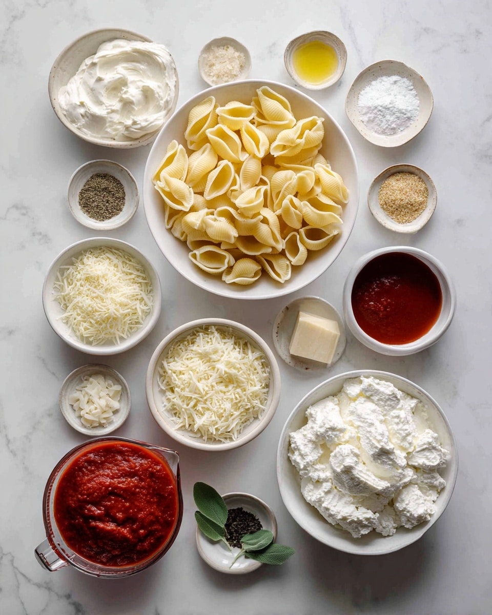 Top-down professional food photography flat lay style, bright white marble countertop, neatly arranged, evenly spaced, tidy, clean organized layout, include: bowl of jumbo pasta shells, bowl of whole milk ricotta cheese, small bowl of pumpkin puree, small bowl of grated parmesan cheese, small bowl of minced garlic, small bowl of minced fresh sage, small bowl of salt, small bowl of black pepper, small bowl of ground cinnamon, small bowl of ground nutmeg, glass measuring cup of marinara sauce, bright soft natural lighting, sharp focus, high detail textures, realistic reflections, professional DSLR look, 4K, no finished dish, no cooked food, no hands, no text, no watermark, no brand logos --ar 4:5 --v 7