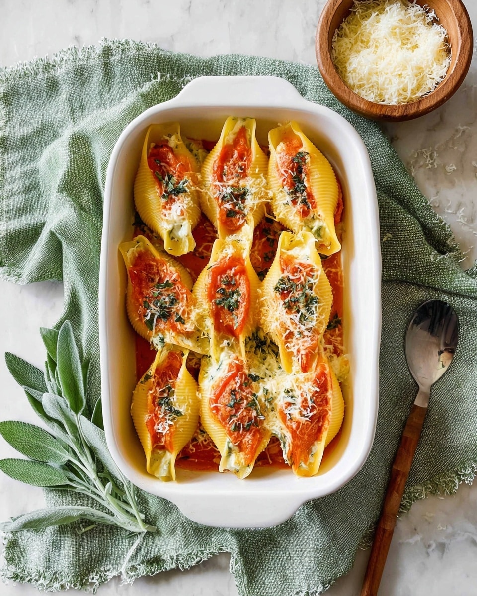 The image shows a white baking dish with seven golden pasta shells arranged neatly inside. Each shell is layered with a bright red tomato slice on top, melted light orange cheese, and small bits of green herbs scattered over the cheese. The dish is placed on a soft green cloth with fresh sage leaves around it, and there is a wooden bowl filled with white grated cheese on the side. A spoon with a wooden handle lies next to the dish, all set against a white marbled surface. photo taken with an iphone --ar 4:5 --v 7