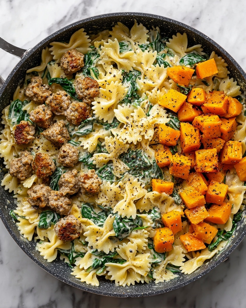 This image shows a pan with creamy farfalle pasta as the base layer, pale yellow with green spinach leaves mixed throughout. On top, there are two main toppings: on the left side, small browned sausage pieces with a crumbly texture, and on the right side, bright orange roasted cubes of butternut squash. The entire dish is sprinkled with cracked black pepper. The pan rests on a white marbled surface. Photo taken with an iphone --ar 4:5 --v 7