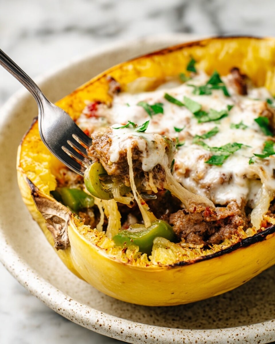 The image shows a dish with a yellow spaghetti squash shell as the base, with a rough, slightly charred edge. Inside, there are several layers: cooked pieces of brown meat mixed with green bell pepper chunks at the bottom, topped with melted white cheese that has a creamy, slightly bubbly texture, garnished with small green herb pieces. A silver fork is lifting some of the meat and pepper mix. The dish is served on a white plate with speckled texture, placed on a white marbled surface. photo taken with an iphone --ar 4:5 --v 7