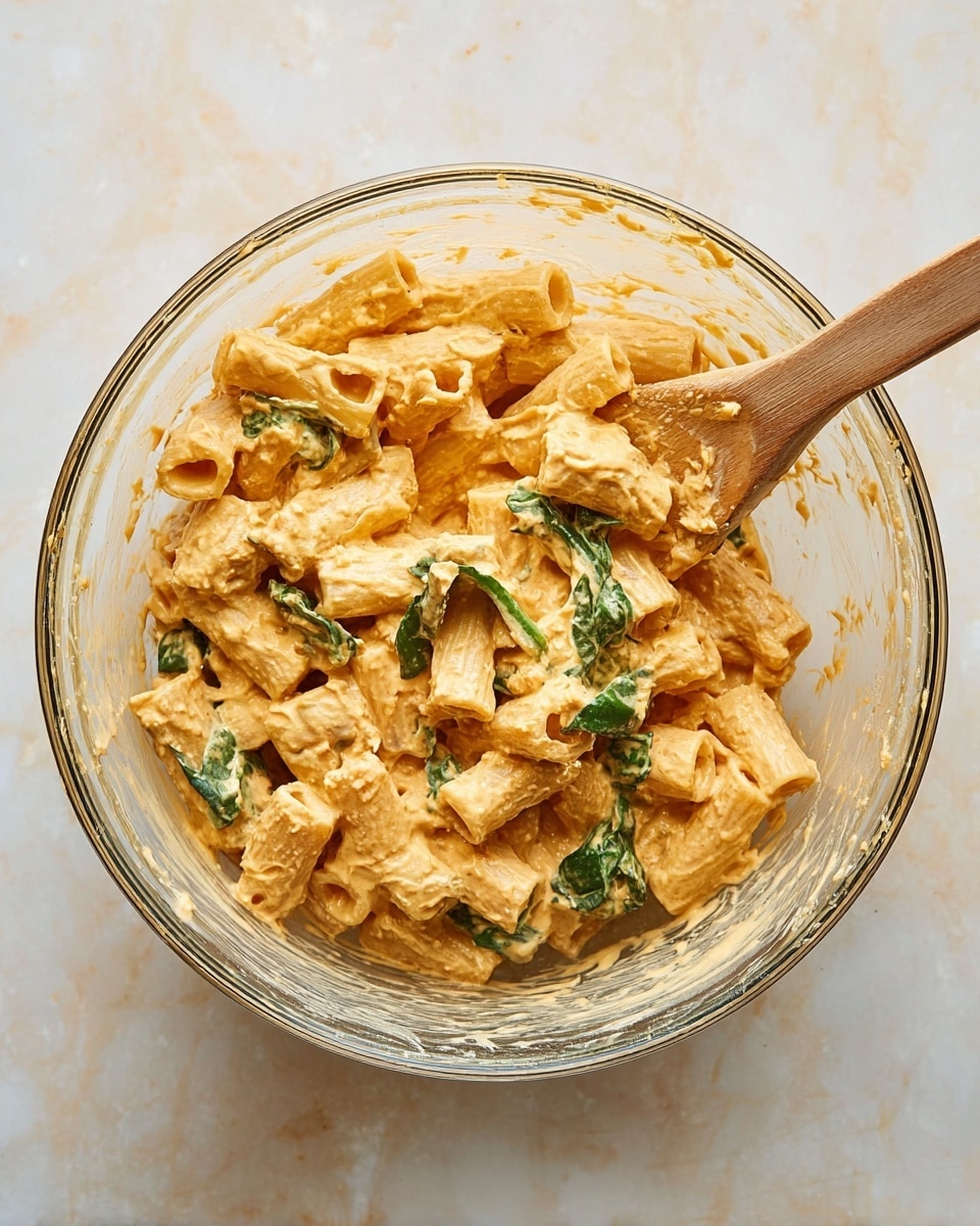 A clear glass bowl filled with creamy rigatoni pasta mixed with a thick, light orange sauce and fresh green spinach leaves. The pasta pieces are tubular and coated well by the sauce, which has a slightly rough texture. A wooden spoon with a smooth surface is placed inside the bowl, partially covered by the pasta mixture. The bowl sits on a white marbled surface. photo taken with an iphone --ar 4:5 --v 7