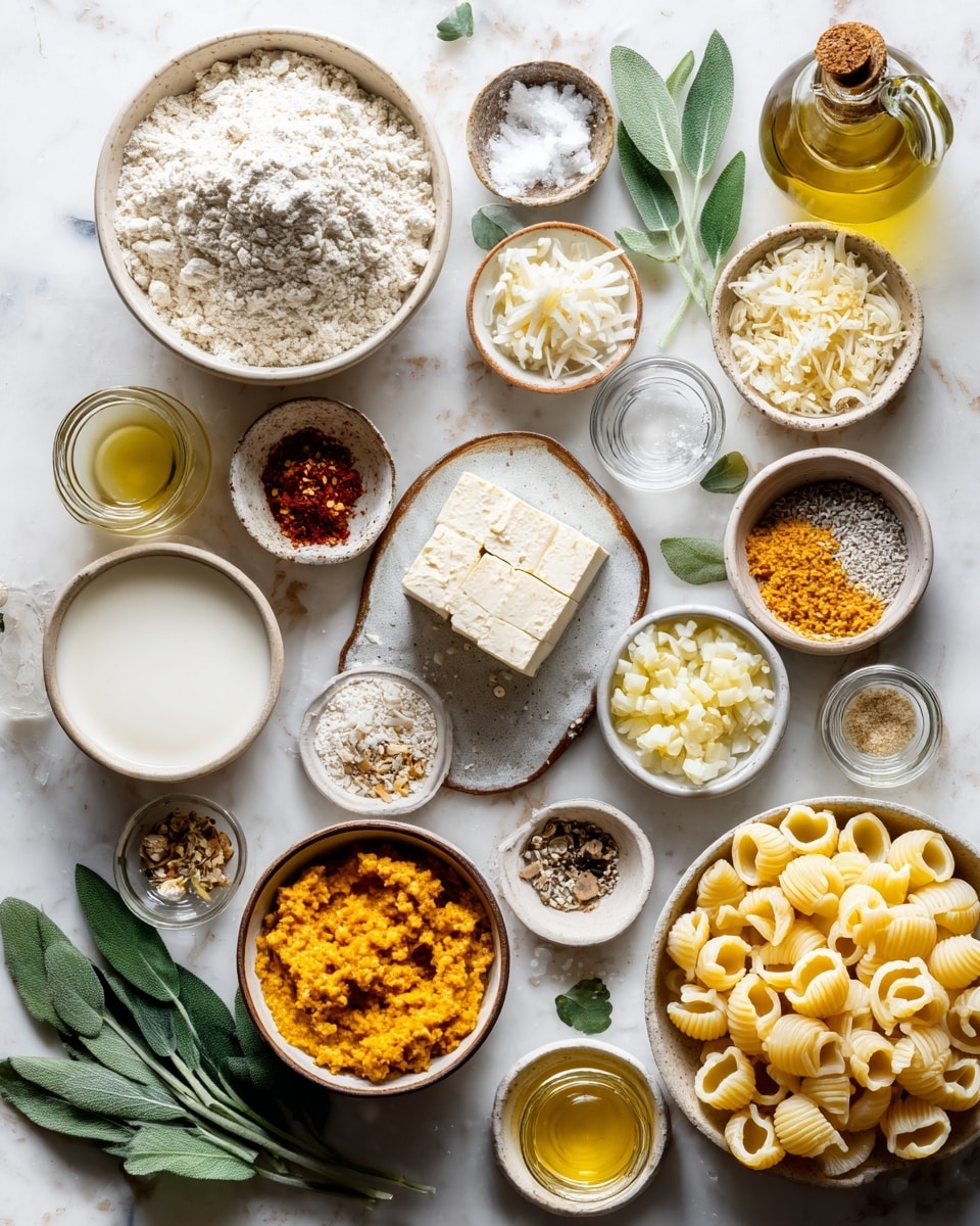 Top-down professional food photography flat lay style, bright white marble countertop, neatly arranged, evenly spaced, tidy, clean organized layout, include: bowl of all-purpose flour, small bowl of nutritional yeast, small bowl of crushed red pepper flakes, small bowl of vegan parmesan cheese, bowl of canned pumpkin purée, small bowl of freshly grated nutmeg, small plate with block of extra-firm tofu, small glass cup of extra virgin olive oil, small glass measuring cup of lite coconut milk, small bowl of diced yellow onion, small bowl of minced garlic, small bowl of kosher salt, small bowl of freshly cracked black pepper, small bowl of garlic powder, small bowl of onion powder, small bowl of lemon zest, small glass cup of lemon juice, plate with fresh sage leaves, bowl of jumbo pasta shells, bottle of olive oil, bright soft natural lighting, sharp focus, high detail textures, realistic reflections, professional DSLR look, 4K, no finished dish, no cooked food, no hands, no text, no watermark, no brand logos --ar 4:5 --v 7