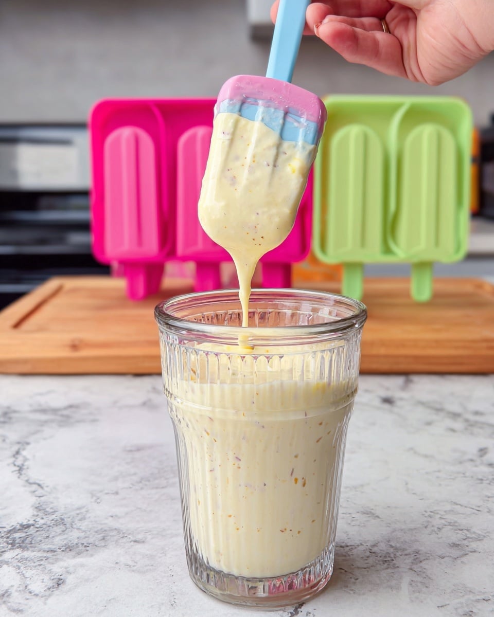 The image shows a clear glass filled with a creamy pale yellow mixture with small brown bits, resembling a batter, almost to the top. Above the glass, a woman's hand is holding a small blue and pink spatula covered with the same batter, dripping slightly back into the glass. In the background, there is a colorful pink and green popsicle mold on a wooden surface, all set against a white marbled texture. The overall scene is bright and focused on the smooth, thick texture of the batter. Photo taken with an iphone --ar 4:5 --v 7