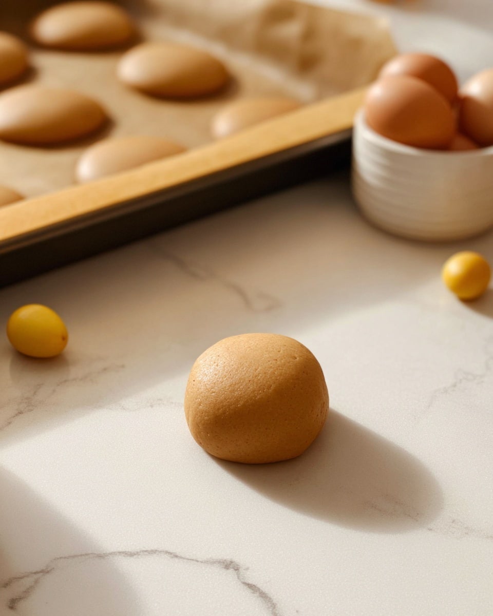 A smooth, round ball of light brown dough sits alone on a white marbled surface in the lower center of the image. In the background, there is a baking tray lined with parchment paper holding several flattened dough pieces of the same light brown color, arranged neatly in rows. There are a few small yellow and brown eggs near the tray and a small white bowl filled with more eggs behind it. The scene is softly lit with a warm, natural light. photo taken with an iphone --ar 4:5 --v 7