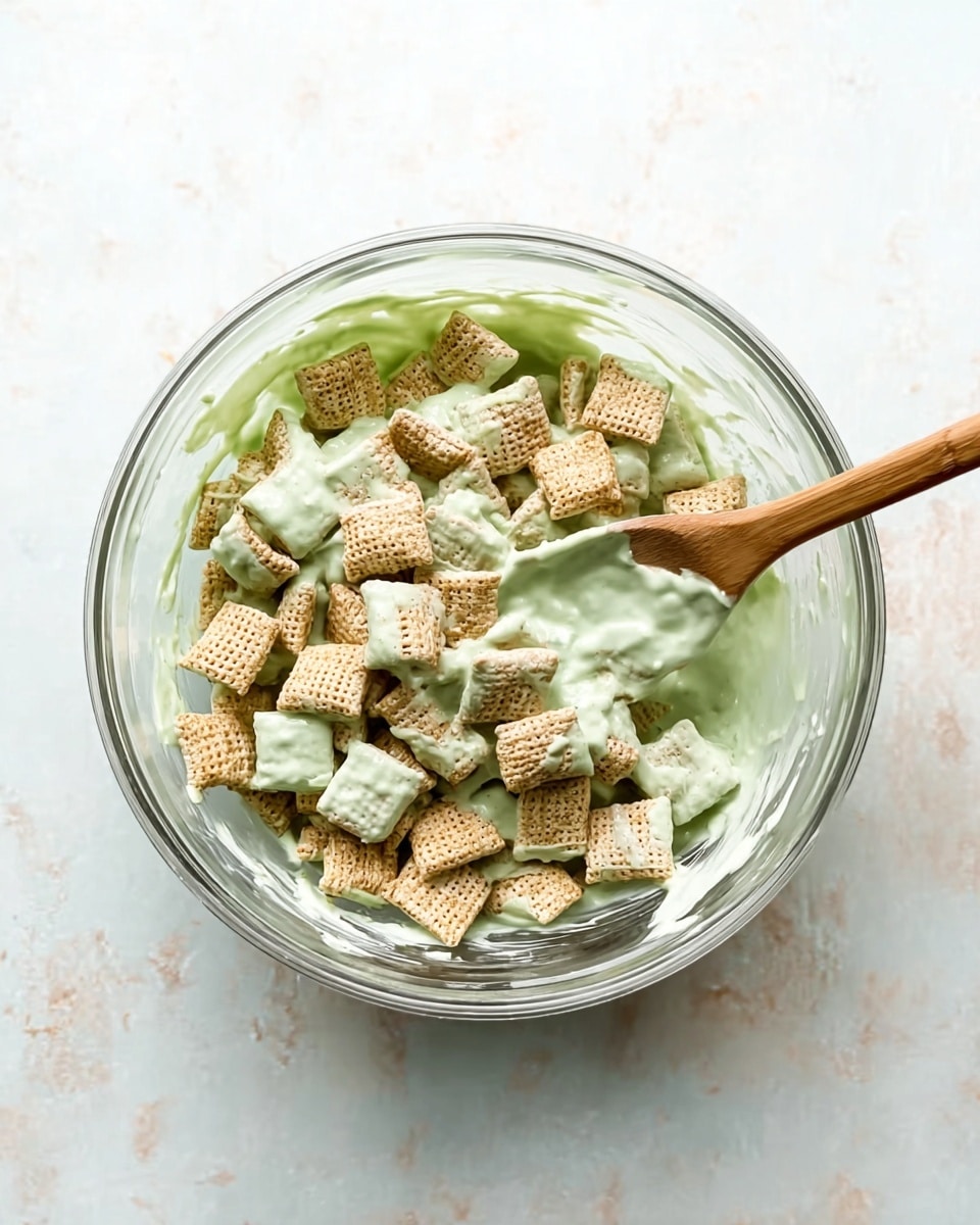 A clear glass bowl filled with light brown square cereal pieces coated unevenly in a pale green creamy mixture, showing texture on some cereal pieces and smoothness on others, with a wooden spoon covered in the same pale green creamy mix placed inside and resting on the right side of the bowl, all placed on a white marbled surface photo taken with an iphone --ar 4:5 --v 7