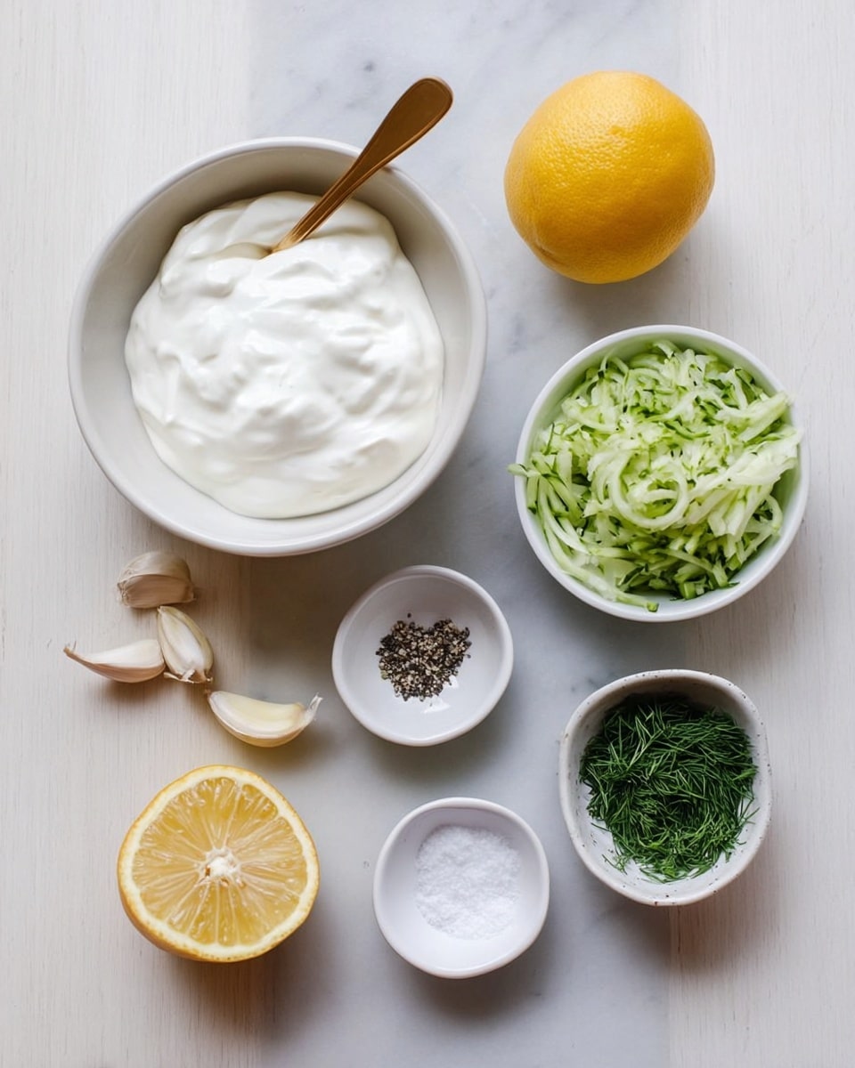 The image shows six items arranged on a white marbled surface: a large white bowl filled with thick white yogurt or sour cream with a gold spoon inside it at the top left, a white bowl with finely shredded green cucumber at the top right, a whole lemon cut in half with bright yellow flesh placed on the bottom left, two garlic cloves with papery white skin near the lemon, a small white bowl with a mix of black pepper and white salt in the center, and a small white bowl with finely chopped green dill at the bottom right. The setup is clean and simple with soft, natural lighting. Photo taken with an iphone --ar 4:5 --v 7