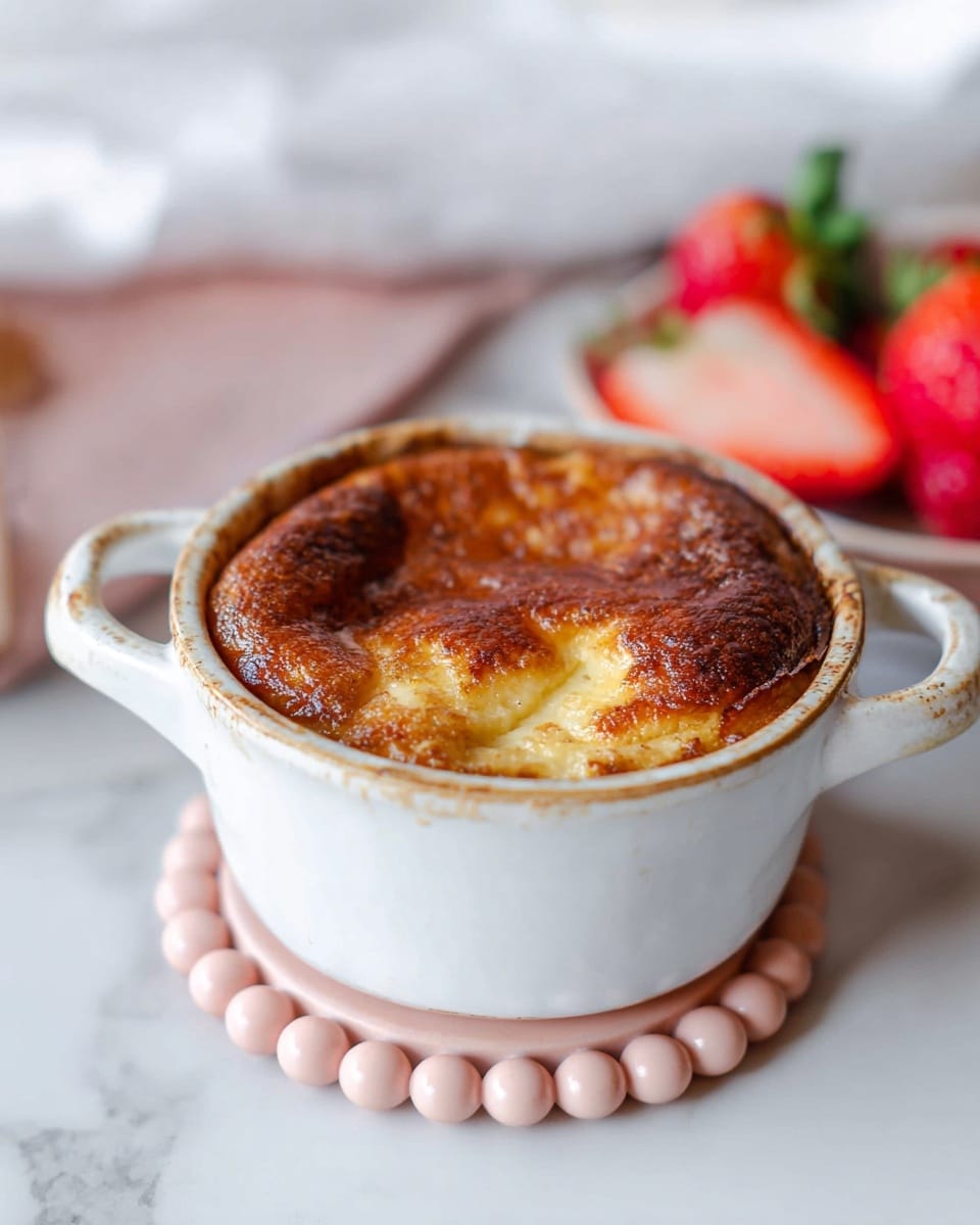 A white ceramic ramekin with two handles holds a golden brown baked pastry that has a slightly cracked and crispy top layer. The ramekin sits on a small soft pink trivet made of round beads, placed on a white marbled surface. In the background to the right, there are fresh red strawberries, some whole and one sliced in half, adding a pop of bright color. The overall scene is bright and clean with a close-up focus on the ramekin and its contents. photo taken with an iphone --ar 4:5 --v 7