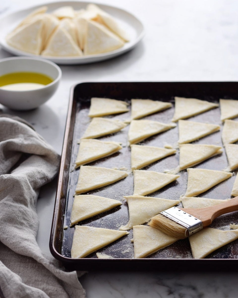A dark baking tray holds many triangular pieces of light beige dough spread out evenly in rows, with a wooden brush resting on the tray's edge. In the background, there is a white bowl with yellow oil and a white plate holding more triangular dough pieces, all set on a white marbled surface. A light gray cloth is partly visible on the left side. The scene looks clean and calm, focused on preparing the dough pieces for baking. photo taken with an iphone --ar 4:5 --v 7