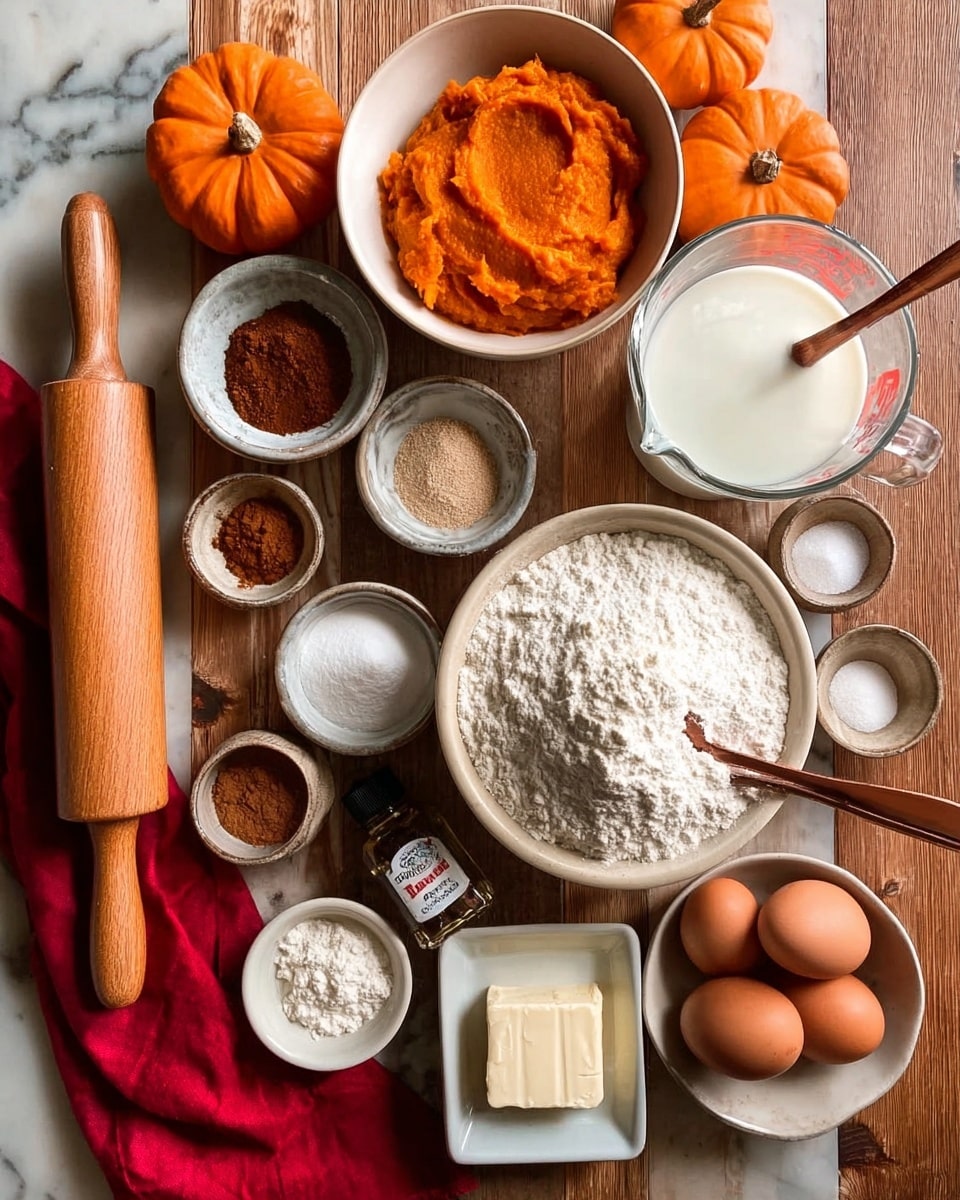 The image shows a wooden table with baking ingredients arranged neatly. There are three small orange pumpkins placed around the setup. At the top, a white bowl holds bright orange pumpkin puree. To the right, a clear glass measuring cup with white milk inside sits on the table. A large white bowl filled with white flour has a copper spoon resting on top. Surrounding it are smaller white bowls with light brown sugar, white powdered sugar, dark cocoa powder, and cinnamon. Two brown eggs and a square white dish with cream cheese are placed near the bottom. A small bottle labeled vanilla extract is next to the eggs. A wooden rolling pin lies on a red cloth at the bottom left corner. The surface is a white marbled texture. photo taken with an iphone --ar 4:5 --v 7