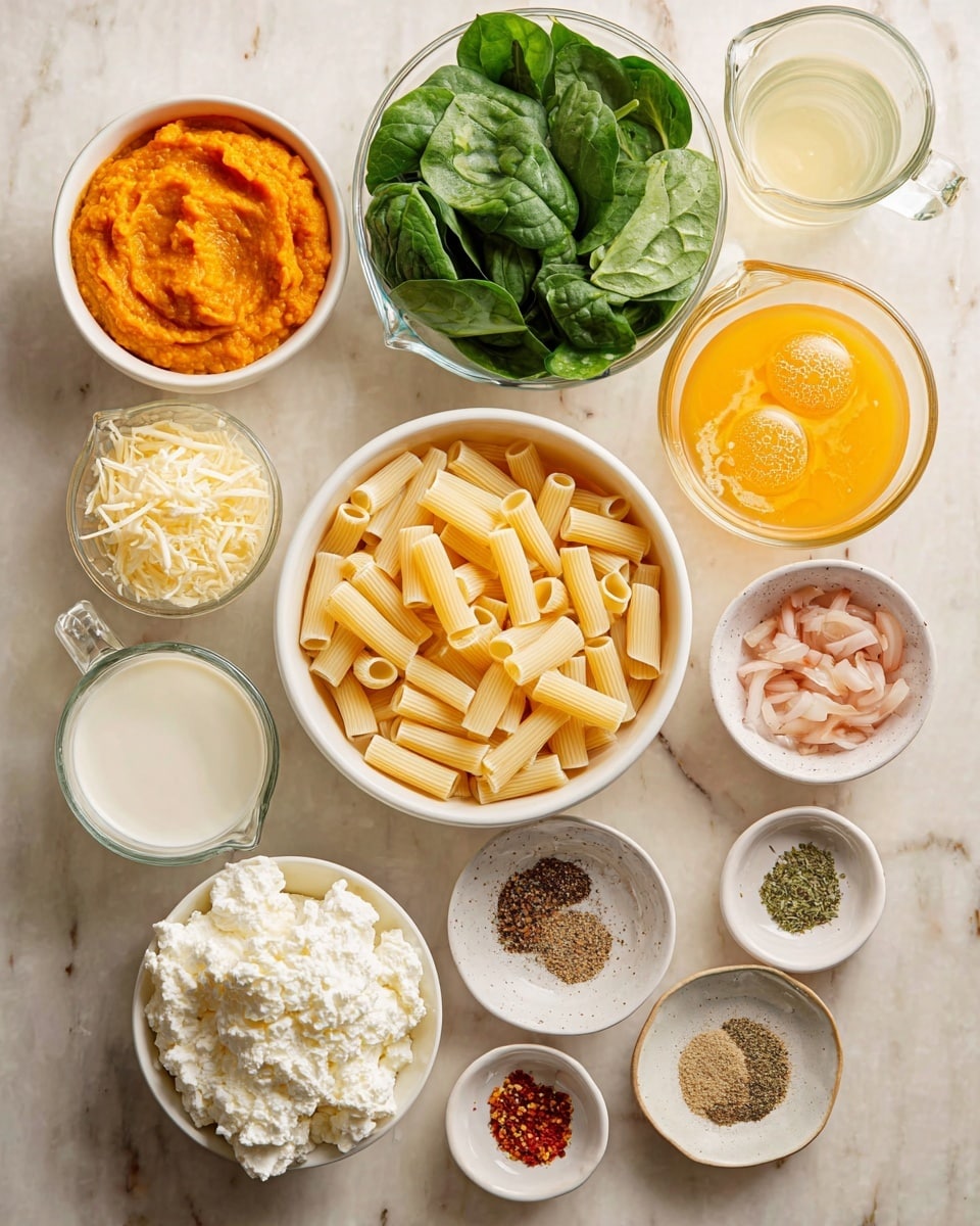 The image shows an overhead view of several small white bowls and glass measuring cups arranged on a white marbled surface, each holding a different ingredient. In the center is a bowl filled with uncooked rigatoni pasta, pale yellow in color. Around it, there is a bowl with vibrant orange pumpkin puree, a bowl of fresh green spinach leaves, a bowl with beaten egg which is yellow with bubbles, a bowl of chopped shallots in pale pink, and a bowl filled with minced garlic that is light cream. There are two bowls of cheese: one with soft white ricotta that looks fluffy, and another with shredded pale yellow mozzarella. A small white plate has various spices grouped by color, including black pepper, white salt, green herbs, red chili flakes, and a small pile of light brown spice. Two glass measuring cups contain liquids – one with light golden broth and the other with creamy white milk. The arrangement is neat and well-spaced. photo taken with an iphone --ar 4:5 --v 7