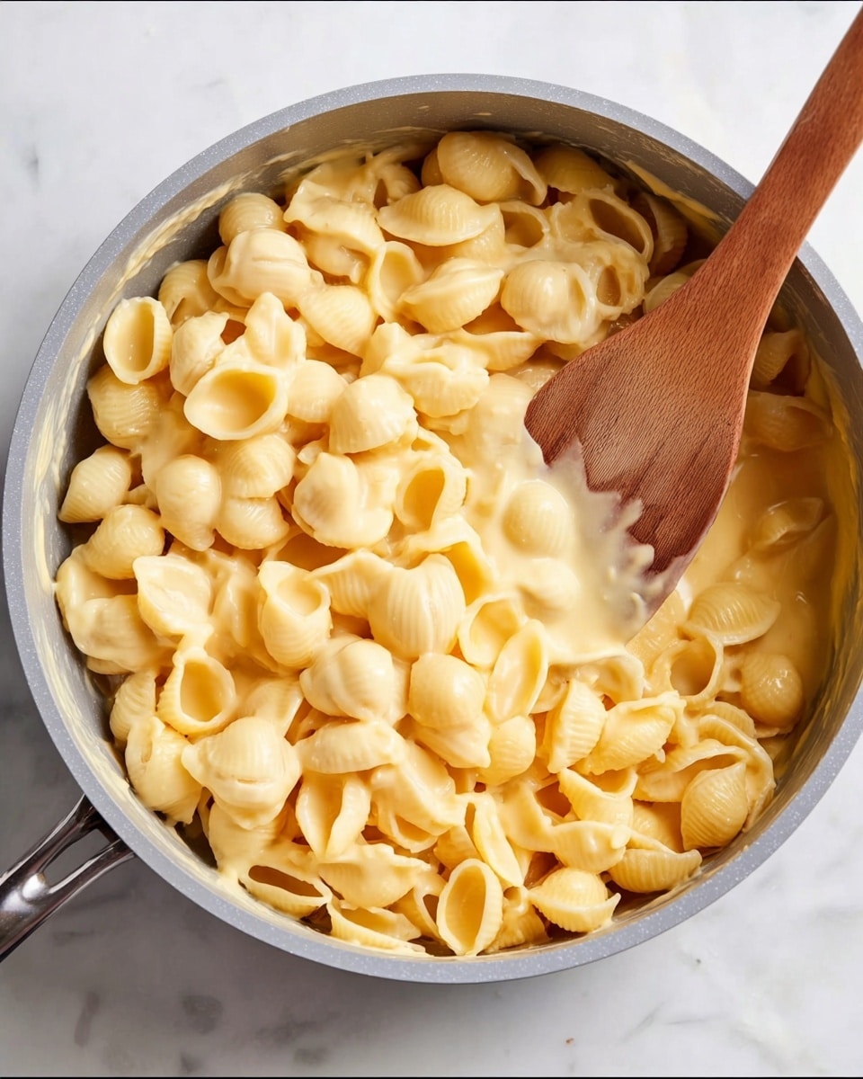 A top view of a grey saucepan filled halfway with small shell pasta, with creamy yellow cheese sauce covering the pasta on one side and plain cooked pasta on the other side. A wooden spoon rests on the cheese-covered pasta, angled to the right, slightly stirring the mixture. The saucepan sits on a white marbled surface photo taken with an iphone --ar 4:5 --v 7