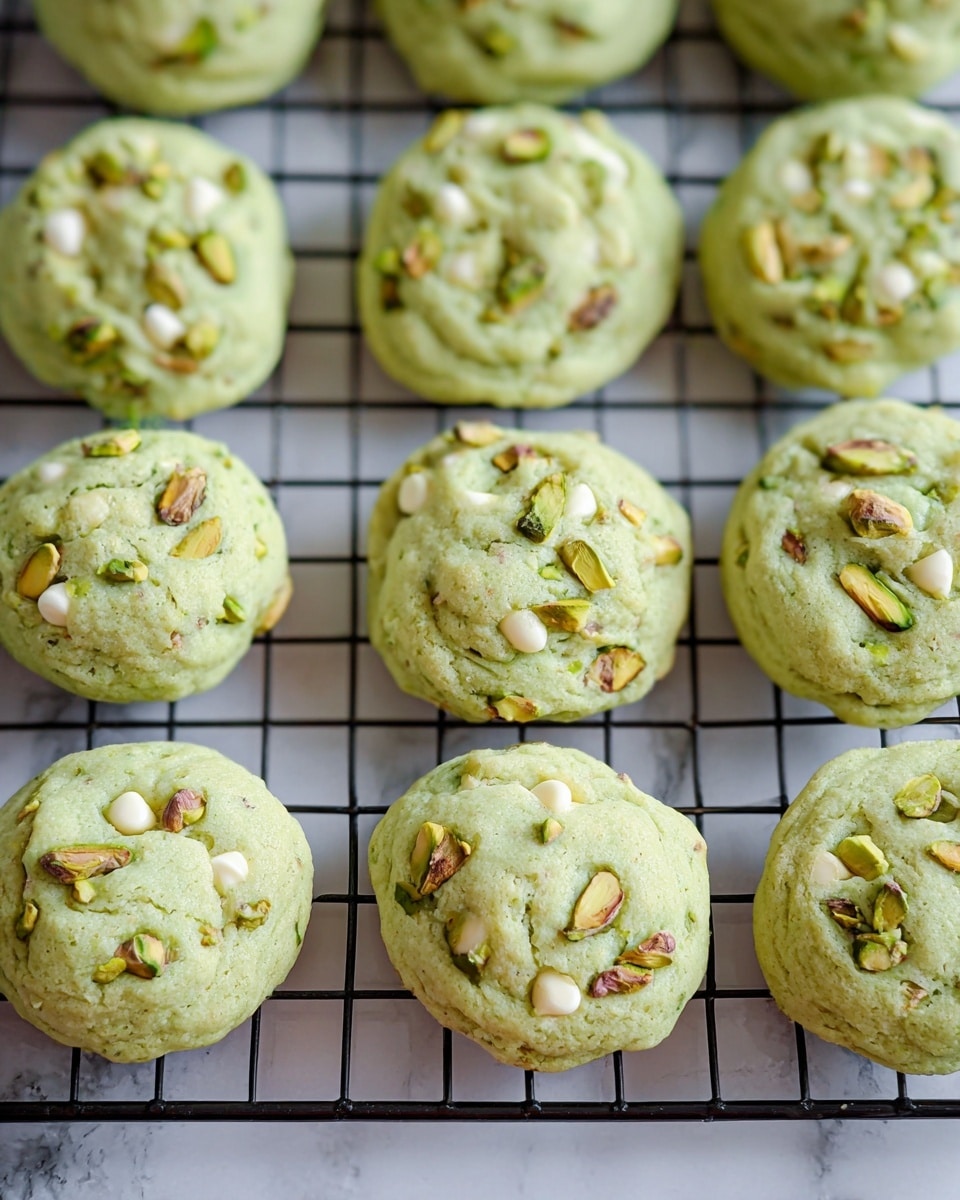 The image shows a batch of green cookies with white chocolate chips and chopped pistachios baked inside. Each cookie is round and softly textured with a pale green color and scattered bits of white and dark green from the nuts and chips. They are placed in a loose, uneven row on a black cooling rack that sits on a white marbled surface, giving a clean and fresh look. The cookies have a slightly crinkled surface and look soft and freshly baked. Photo taken with an iphone --ar 4:5 --v 7
