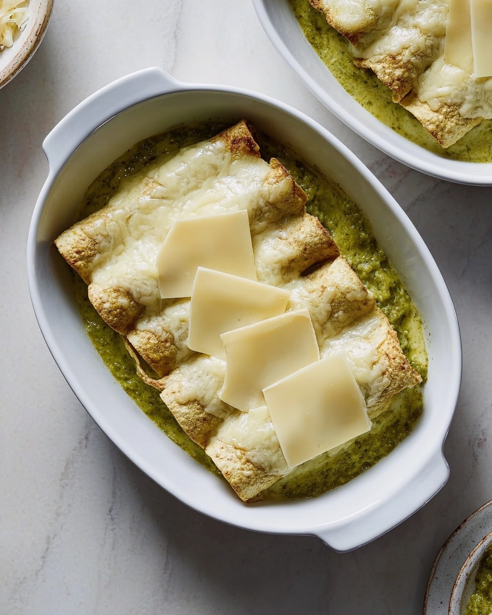 In a white oval-shaped dish, there is a layer of green sauce with a creamy texture at the bottom, topped with rolled tortillas filled with a similar green mixture. On top of the rolled tortillas are three slices of pale yellow cheese, each covering about one third of the dish. Another dish of similar food, showing part of a single cheese slice on top of rolled tortillas and sauce, is partially visible beside it. The dishes rest on a white marbled surface. photo taken with an iphone --ar 4:5 --v 7