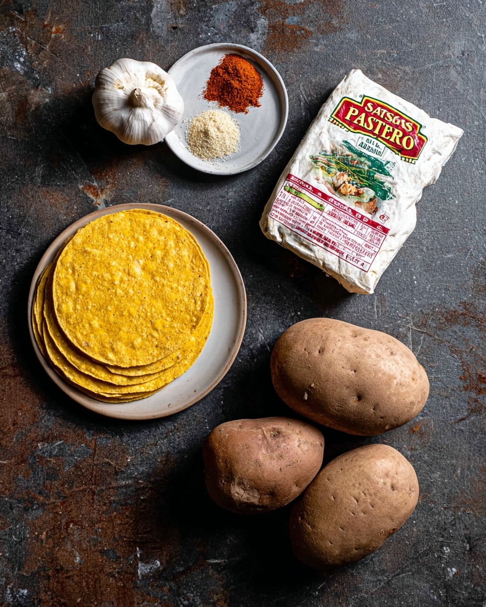 The image shows a simple food setup on a dark textured surface changed to a white marbled texture. There are two large brown potatoes placed toward the right side with a small stack of yellow corn tortillas below them. At the top right, there is a packet of white crumbling cheese with bright red and green text on it. Beside the cheese, a white plate holds three small piles of spices: one red, one light beige, and one greenish yellow. Above the plate is a whole garlic bulb with off-white skin and a bit of brown near the base. Photo taken with an iphone --ar 4:5 --v 7