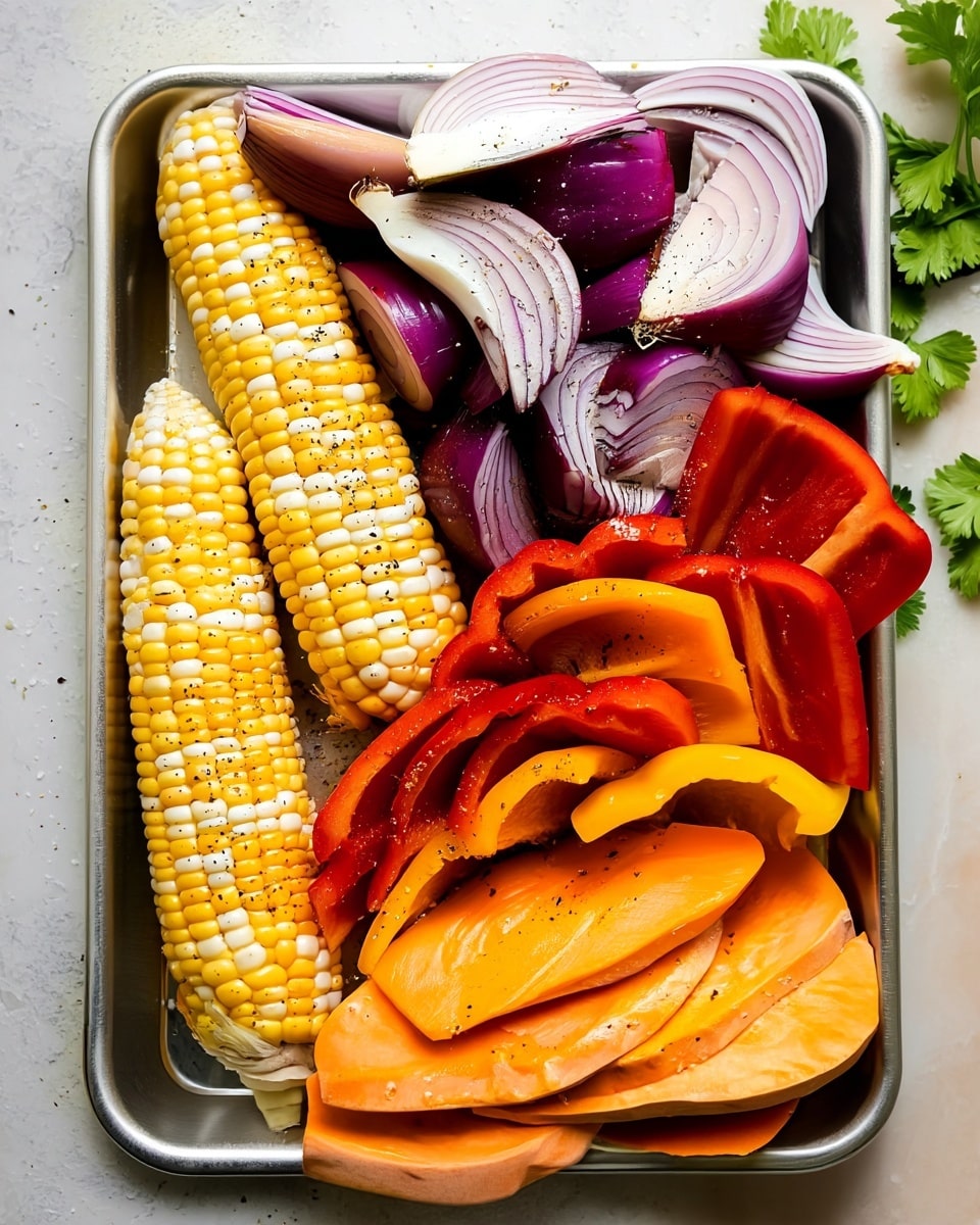 A rectangular metal tray holds four kinds of fresh vegetables layered side by side. On the left, there are two ears of yellow corn with white kernels, sprinkled with black pepper. Next to the corn are thick quartered slices of purple-red onions, showing white inner layers with a smooth texture. On the right side of the onions, colorful thick crescent slices of red and yellow bell peppers lay, also speckled with pepper. The far right section has wide orange slices of sweet potato, arranged in layered rows. The tray rests on a white marbled surface with some green parsley leaves visible on the side. Photo taken with an iphone --ar 4:5 --v 7