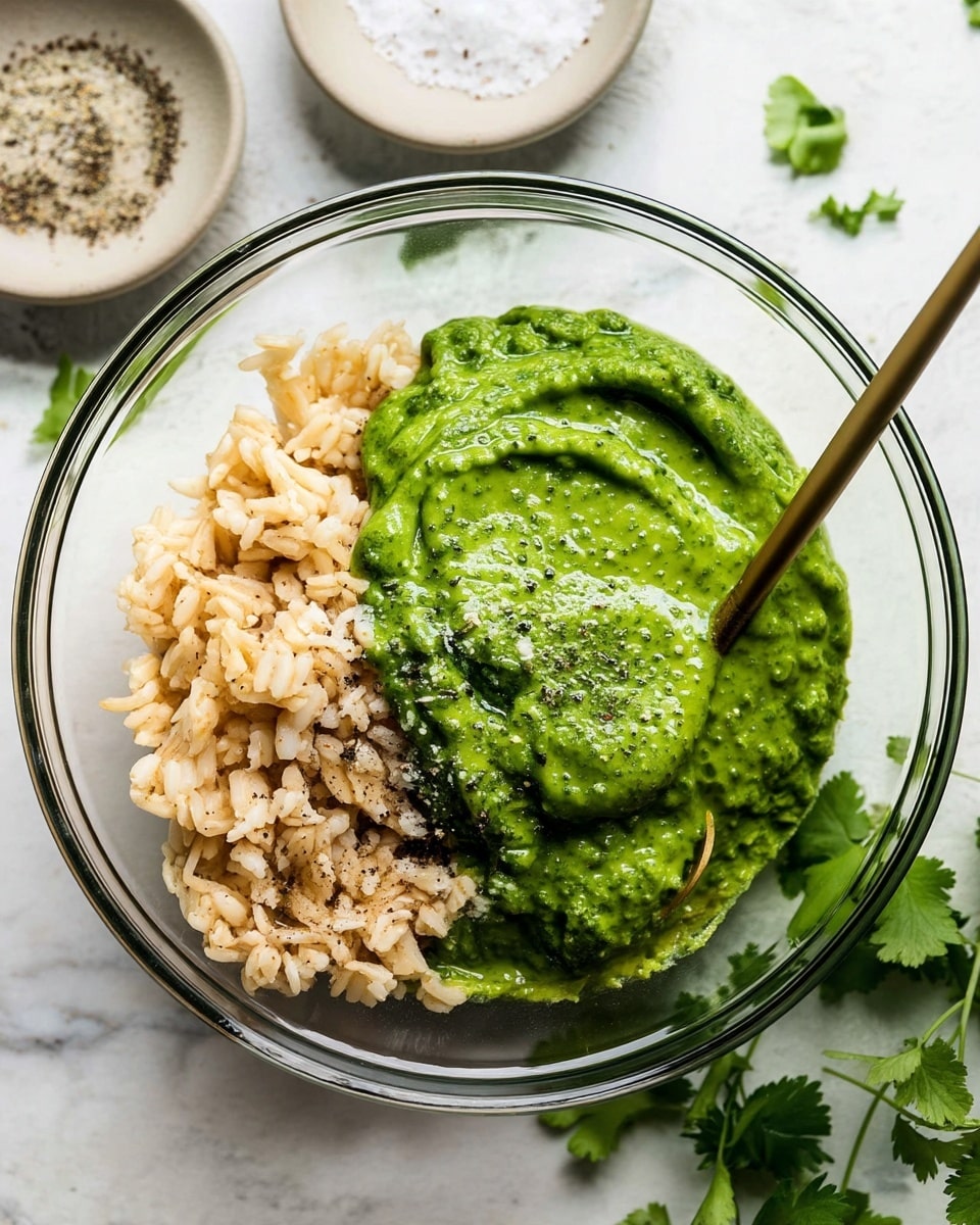 A clear glass bowl holds two main layers: on the left, there is a light brown, soft textured cooked rice, and on the right, a thick, bright green sauce with a creamy, slightly coarse texture topped with bits of black pepper and coarse salt. A brass spoon rests in the green sauce on the right side. The bowl sits on a white marbled surface with some scattered cilantro leaves and two small white bowls in the background holding coarse salt and black pepper. Photo taken with an iphone --ar 4:5 --v 7