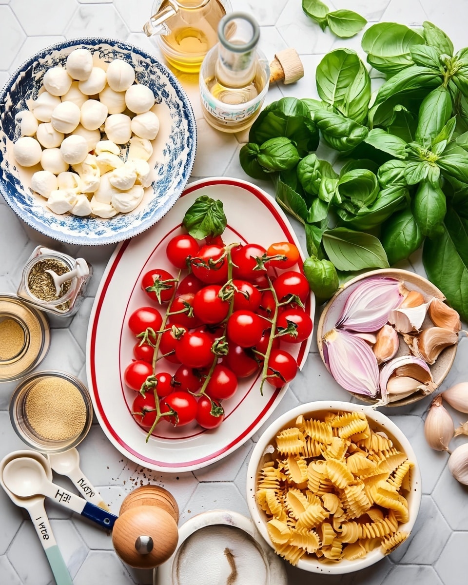 The image shows fresh ingredients arranged on a white marbled surface, including a white bowl with blue floral patterns filled with small white mozzarella balls on the left upper side, a bottle of light yellow oil placed near the center, vibrant green basil leaves spread out on the right side, and a white oval plate with a red rim holding bright red cherry tomatoes still on green stems in the middle. Below the tomatoes, a white bowl holds wavy yellow pasta, and to the right of that bowl are halved shallots and garlic cloves in a white round bowl. Small glass jars with herbs and spices, white measuring spoons, and a wooden pepper grinder are scattered around, completing the fresh and colorful scene. Photo taken with an iphone --ar 4:5 --v 7