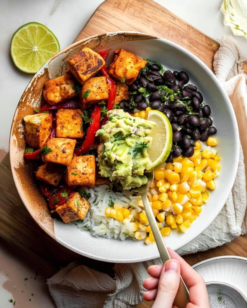 Vegetarian Burrito Bowl with Tofu, Cauliflower, and Cilantro Recipe