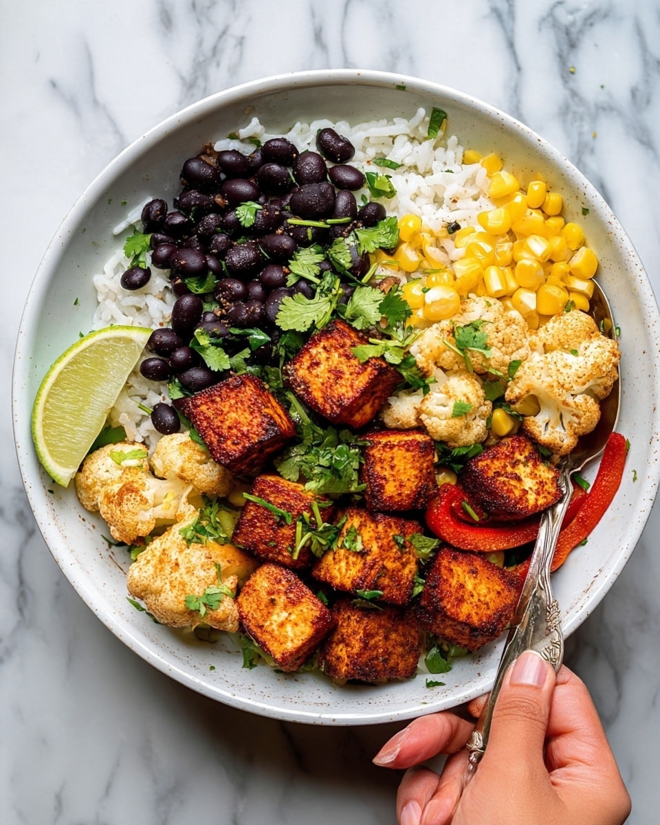 A white bowl filled with four main layers can be seen: the bottom layer is white rice, topped with small black beans scattered throughout. On top of this, there are bright yellow corn kernels along one edge, and red bell pepper slices layered around the bowl. Large golden brown cubes of tofu are placed unevenly on top beside some roasted cauliflower pieces. Fresh green chopped herbs are sprinkled across the whole dish, with a lime wedge resting on one side. The bowl sits on a white marbled surface and a woman’s hand is holding a silver spoon partly inserted into the bowl. Photo taken with an iphone --ar 4:5 --v 7
