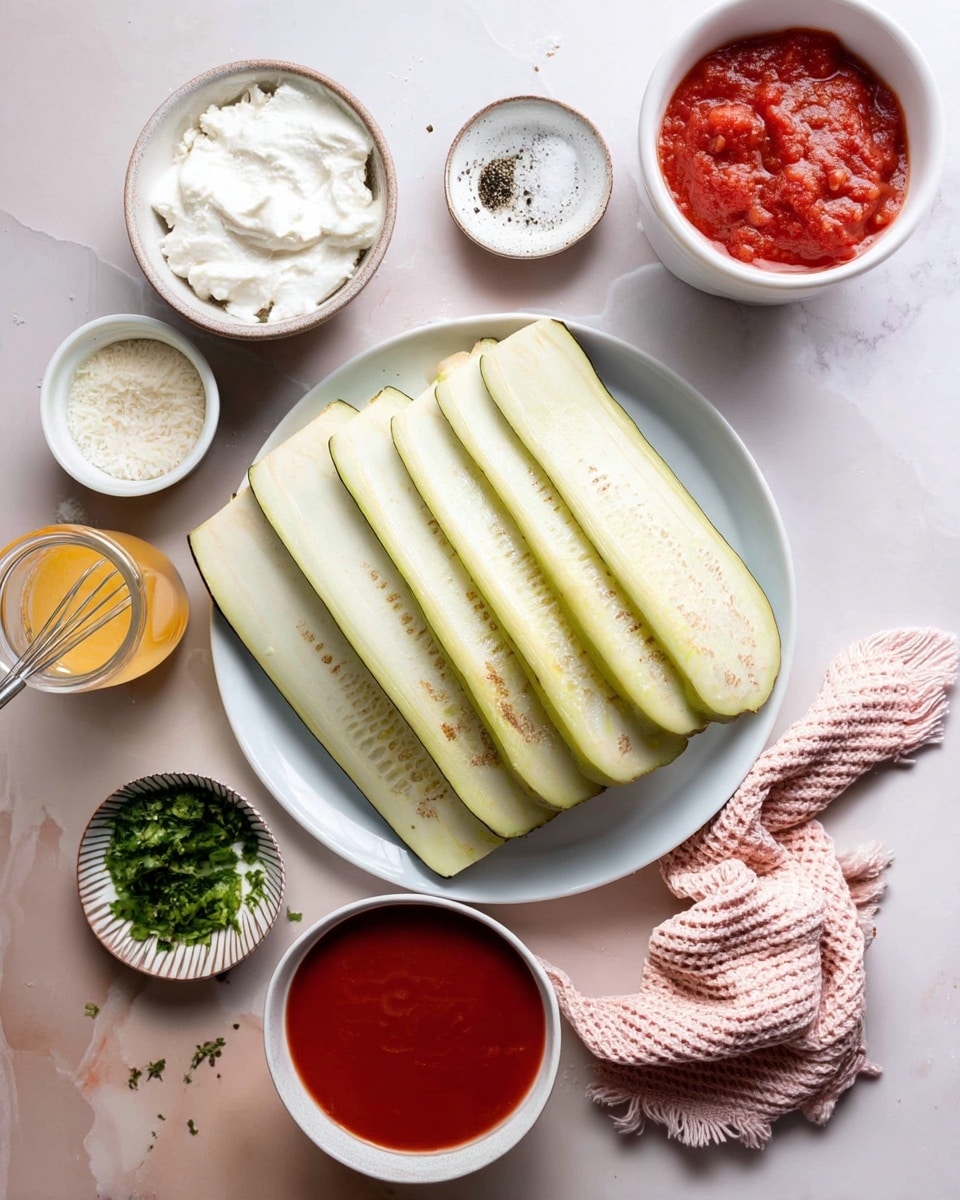 A white plate holds a neat row of long, thin eggplant slices in light greenish-white with pale seeds visible. Surrounding the plate are small white bowls containing different ingredients: one with white ricotta cheese, another with shredded white mozzarella, a small dish with salt and black pepper, a bowl with grated Parmesan, and a jar with a yellow sauce and small whisk inside. There is also a small white bowl of chopped green herbs and a larger white bowl filled with bright red tomato sauce. A light pink textured cloth is casually placed beside the plate, all set on a white marbled surface. Photo taken with an iphone --ar 4:5 --v 7