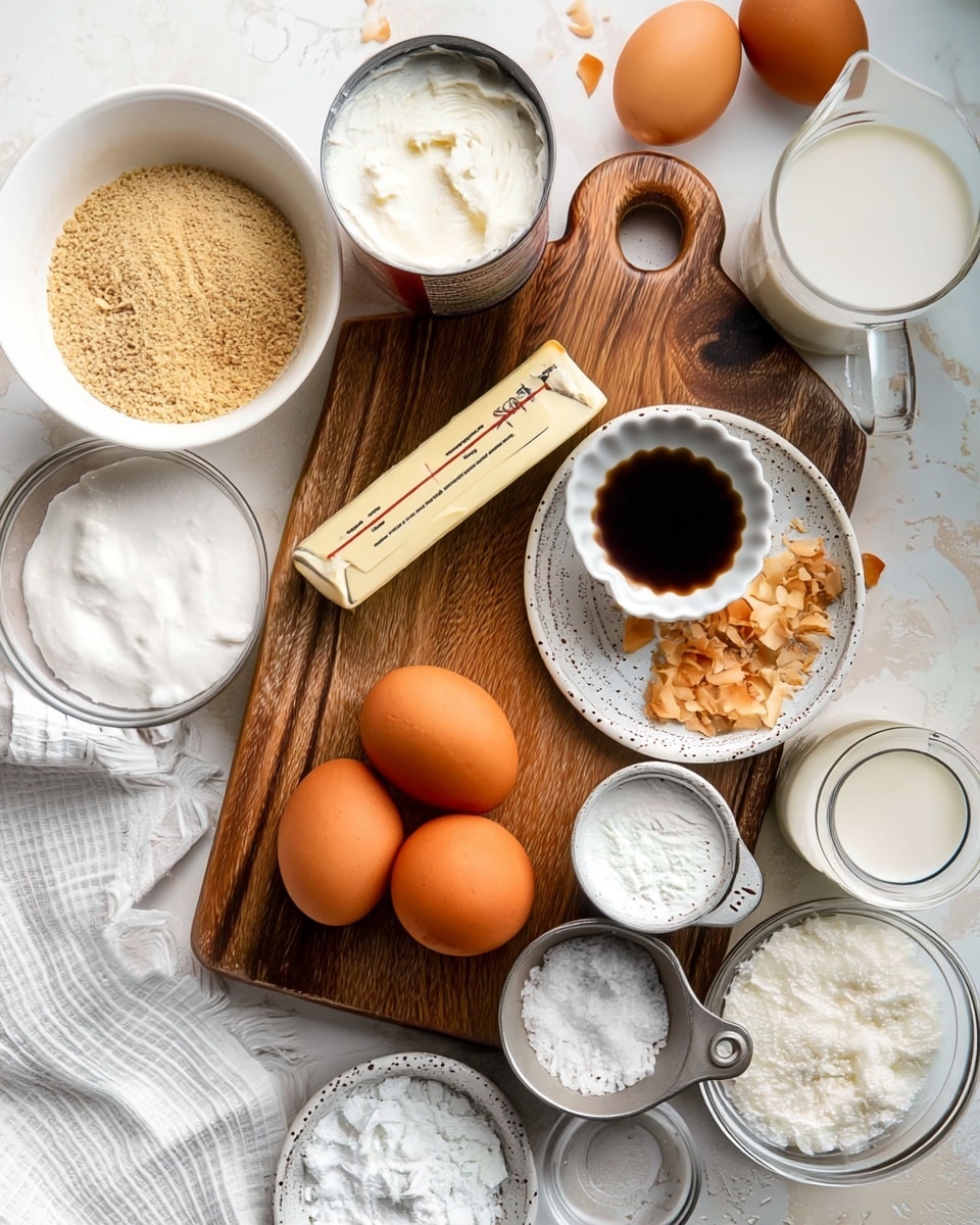 The image shows a wooden board placed on a white marbled surface. On the board, there is a stick of butter in its paper wrapper lying horizontally near the center. Above the butter is an open can of thick white coconut cream. To the right of the butter is a small white speckled plate holding a white scalloped bowl with dark liquid inside, and beside the bowl, a small pile of toasted coconut flakes. On the right edge of the board, there is a small glass pitcher filled with cream or milk. Surrounding the board are various white bowls and glass containers with different ingredients: one bowl contains light brown toasted crumbs, another bowl holds three brown eggs, a glass bowl has white granulated sugar, and other small containers hold white powders like coconut flakes, baking powder, and salt. A soft white cloth is visible on the bottom left corner. The photo taken with an iphone --ar 4:5 --v 7