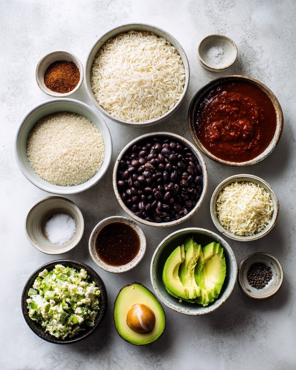 Top-down professional food photography flat lay style, bright white marble countertop, neatly arranged, evenly spaced, tidy, clean organized layout. Include: bowl of uncooked rice, small bowl of ground cumin, bowl of black beans, bowl of homemade BBQ sauce, small plate with sliced avocado, bowl of crushed tortilla chips, bowl of Mexican-style cauliflower rice, small bowls of salt and pepper. Bright soft natural lighting, sharp focus, high detail textures, realistic reflections, professional DSLR look, 4K, no finished dish, no cooked food, no hands, no text, no watermark, no brand logos --ar 4:5 --v 7