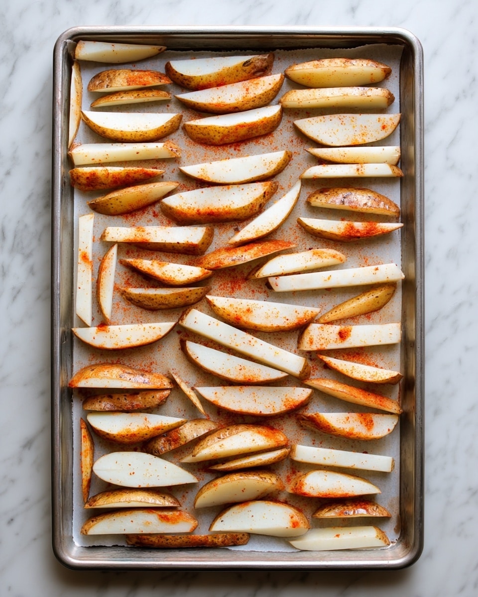 A metal baking tray with parchment paper holds many raw potato slices arranged neatly in rows. The potato pieces vary in shape, mostly thin sticks and wedges with brown skin on some edges. Light orange spice powder is sprinkled over the white potato flesh and skin, giving a slight speckled look. The tray sits on a white marbled surface that replaces the original background. The photo taken with an iphone --ar 4:5 --v 7