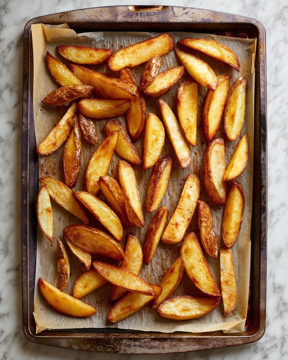 The image shows a worn metal baking tray lined with crinkled brown parchment paper, filled with scattered oven-baked potato wedges. The wedges vary in size and shape, some have golden yellow soft centers with a light crispy texture, while others have darker brown crispy skins, giving a mixed rough and smooth look. The tray rests on a white marbled surface, with the rustic metal edges slightly rusted and scratched, creating a contrast with the light tones of the potatoes photo taken with an iphone --ar 4:5 --v 7