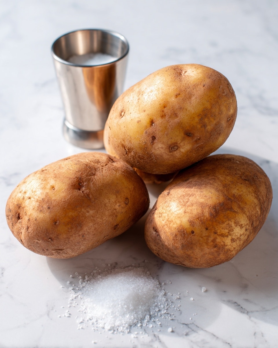 The image shows three whole potatoes with a reddish-brown skin placed on a white marbled surface. The potatoes look clean but natural, with small rough patches and slight color variations on the skin. Next to the potatoes, there is a small shiny silver metal cup and a small pile of white salt directly on the marbled surface. The scene looks simple and clear, with soft natural lighting highlighting the texture of the potatoes. photo taken with an iphone --ar 4:5 --v 7