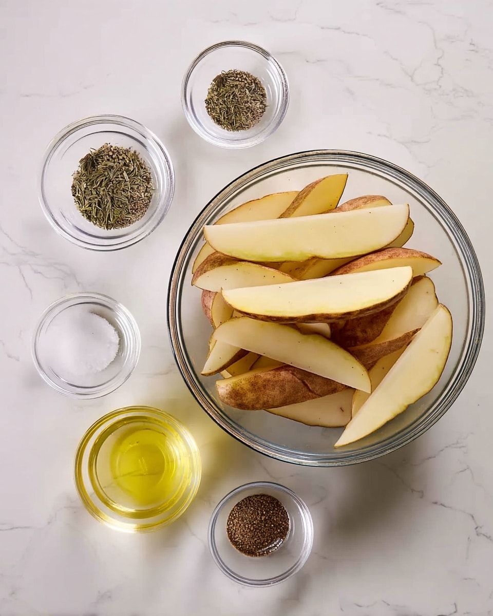 A clear glass bowl in the center is filled with thick potato wedges with brown skin and pale yellow inside. Around the bowl, there are four small clear glass bowls, each with different ingredients: coarse white salt at the top left, green dried herbs above the large bowl, black pepper below the large bowl, and light golden oil at the bottom left. The whole setup is on a white marbled surface. The photo taken with an iphone --ar 4:5 --v 7