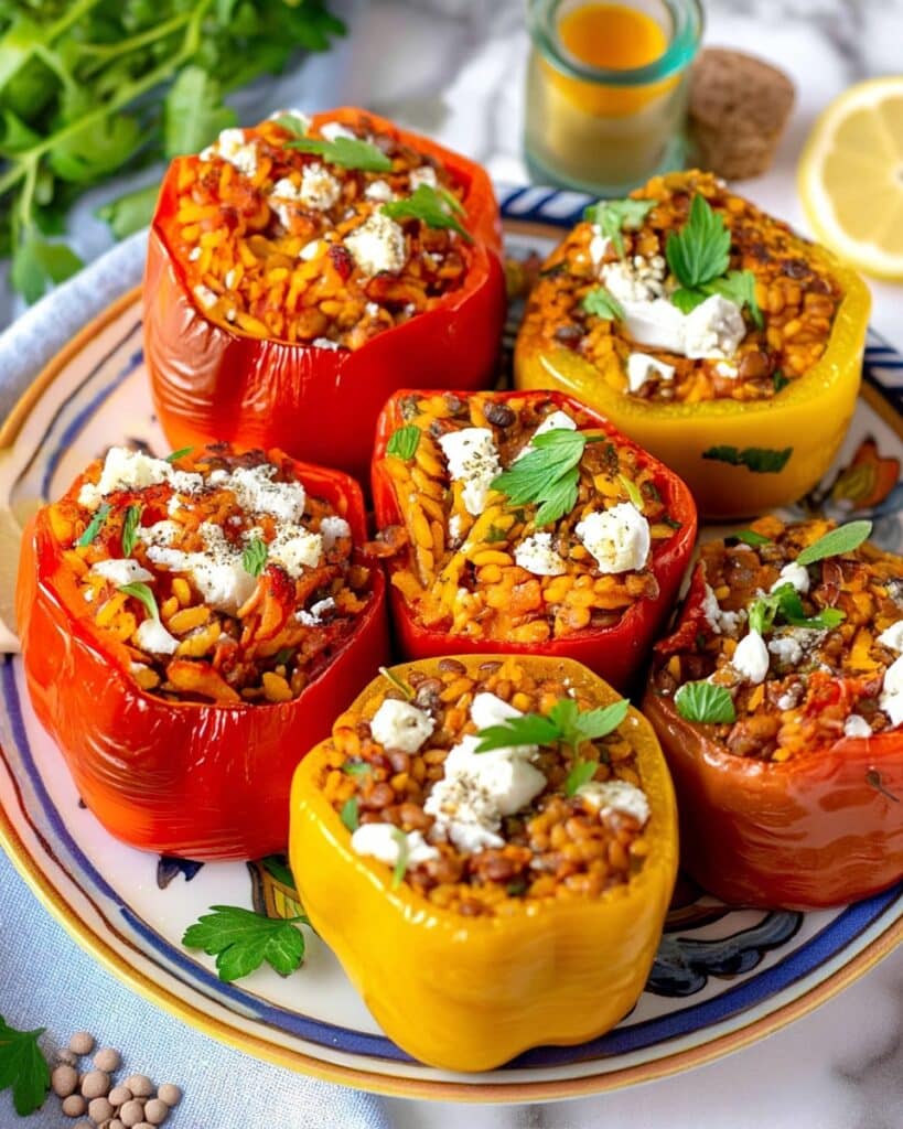 Stuffed Bell Peppers with Lentils, Rice, and Spiced Tomato Filling Recipe