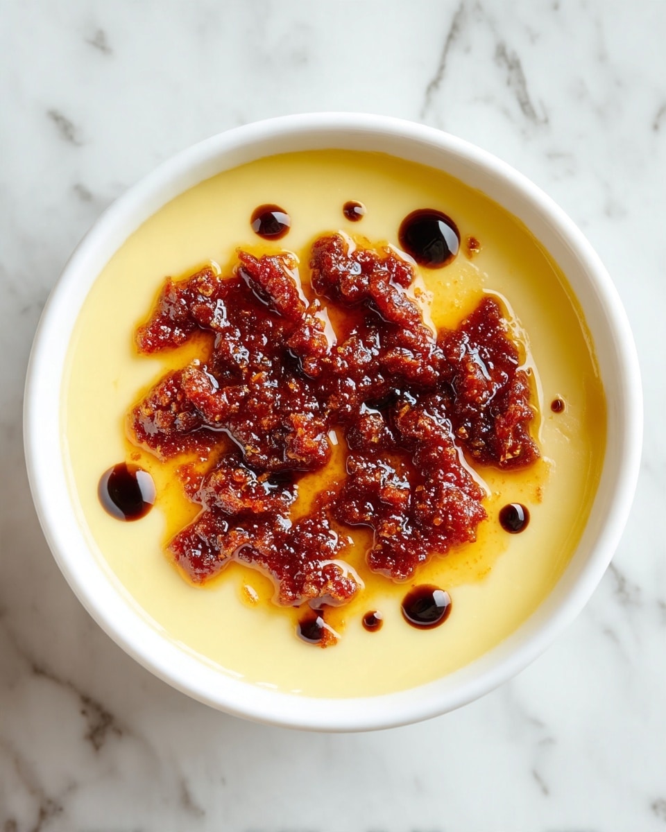 A round white bowl sits on a white marbled surface, filled with a creamy yellow liquid topped with thick, chunky reddish-brown sauce pieces roughly placed in the center. There are small dark brown drops scattered toward one side on top of the yellow base, creating contrast. The dish shows a mix of smooth and rough textures, with the yellow cream acting as the bottom layer and the chunky reddish topping sitting unevenly on it. Photo taken with an iphone --ar 4:5 --v 7