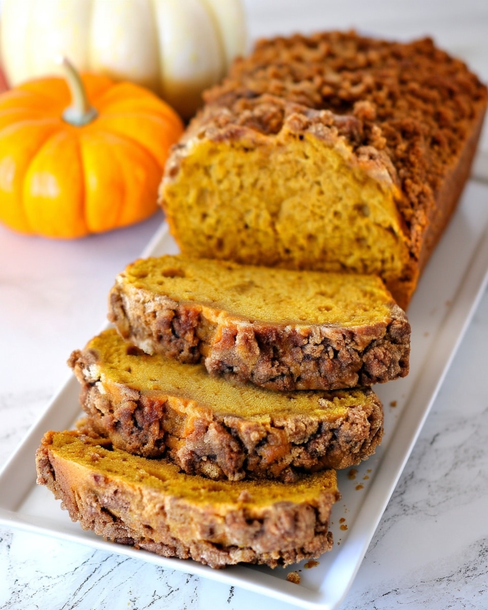 The image shows a loaf of pumpkin bread with three thick slices cut and stacked in front. The bread has a rich orange color inside with a rough textured brown crumb topping that looks crunchy. The pumpkin bread is placed on a long white rectangular plate on a white marbled surface. In the background, there are small orange and white pumpkins adding a fall season feel to the scene. Photo taken with an iphone --ar 4:5 --v 7