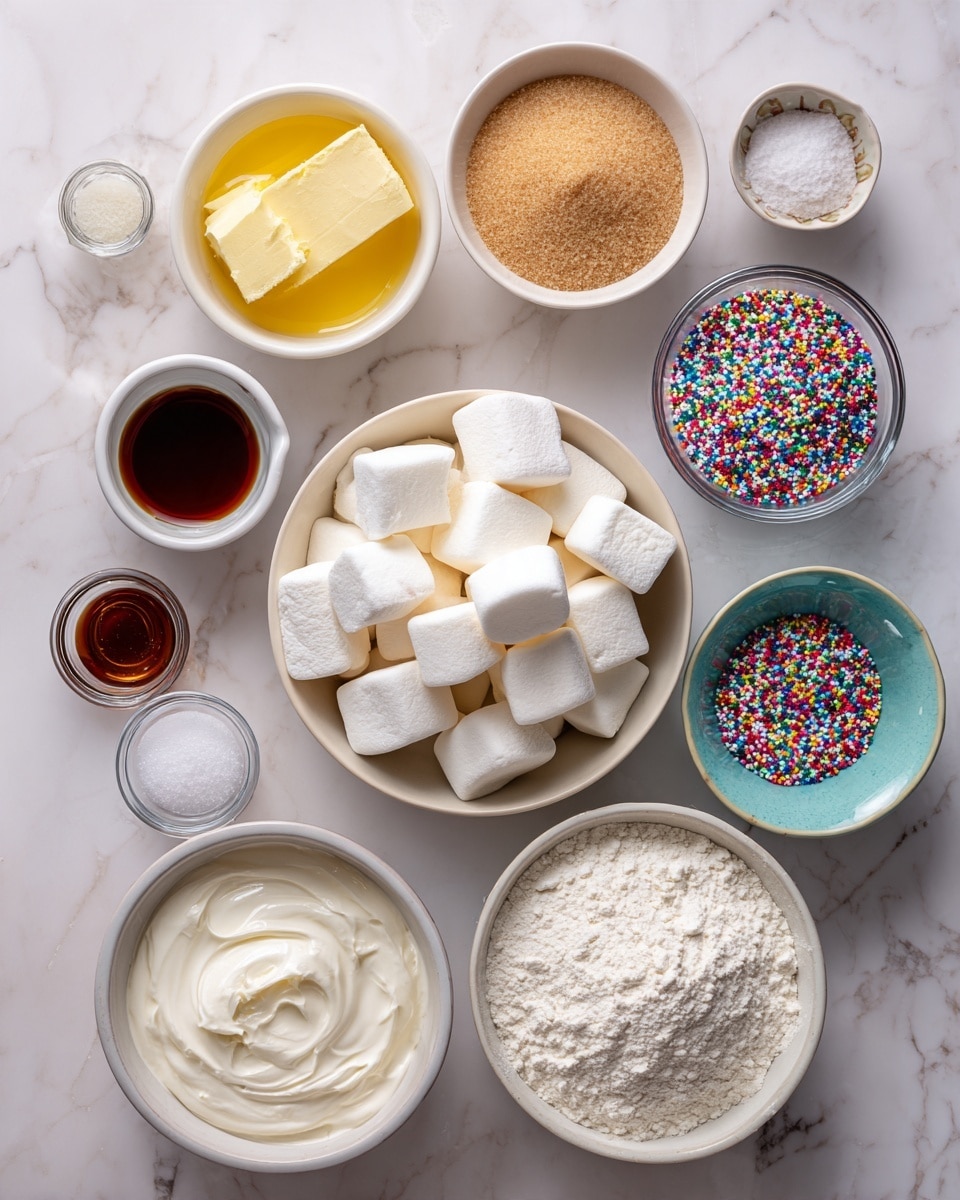 The image shows several small white bowls and glass containers placed on a white marbled surface, each filled with different ingredients. At the center is a bowl of cubed white marshmallows. To the left is a bowl with melted yellow butter and above it a bowl with light brown sugar. Directly above the marshmallows is a small white cup with dark brown vanilla extract, and to its right is a white bowl filled with white powdered sugar. Below and slightly to the right of that is a bowl of white flour. Near the bottom center is a bowl with thick white cream, and to its left are two small glass containers, one holding fine white salt and the other with granulated white sugar. In the top right corner, there is a bowl with colorful round sprinkles and below that a small glass jar with tiny multicolored nonpareil sprinkles. The photo is taken with an iphone --ar 4:5 --v 7